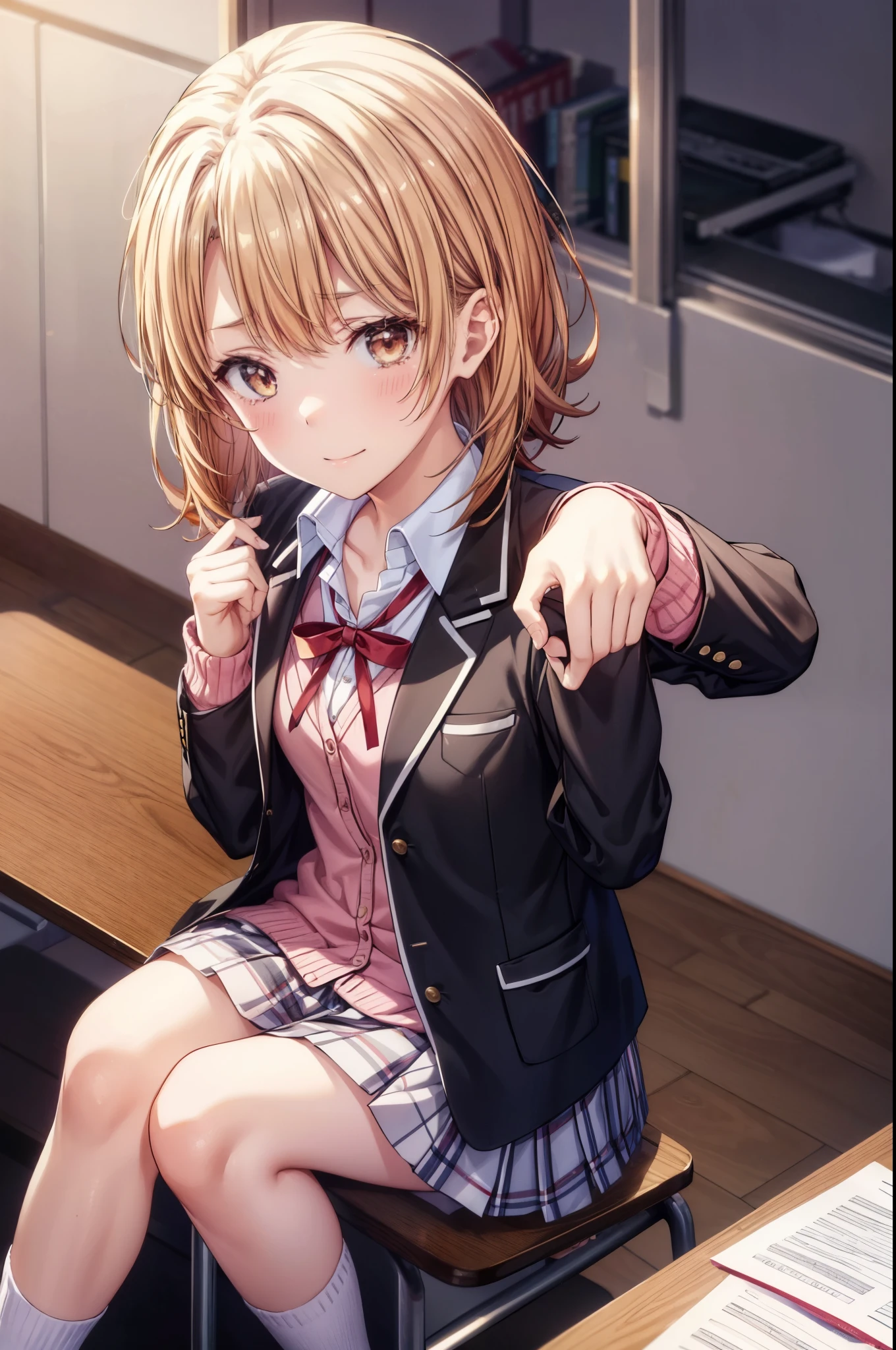 irohaisshiki, Isshiki Iroha, short hair, light brown hair, smile,break skirt, shirt, ribbon, school uniform, Jacket, white shirt, open clothes, socks, open Jacket, black Jacket, plaid, black pantyhose, plaid skirt, blazer, cardigan, Indoor shoes, pink cardigan, sobu high school uniform,birthday,There is a hole of birthday cake on the desk.,sitting in a chair,close both eyes,tears of joy,birthdayパーティー,confetti,being watched from above,
break indoors, classroom,
break (masterpiece:1.2), highest quality, High resolution, unity 8k wallpaper, (shape:0.8), highly detailed face, perfect lighting, Very detailed CG, (perfect hands, perfect anatomy),
