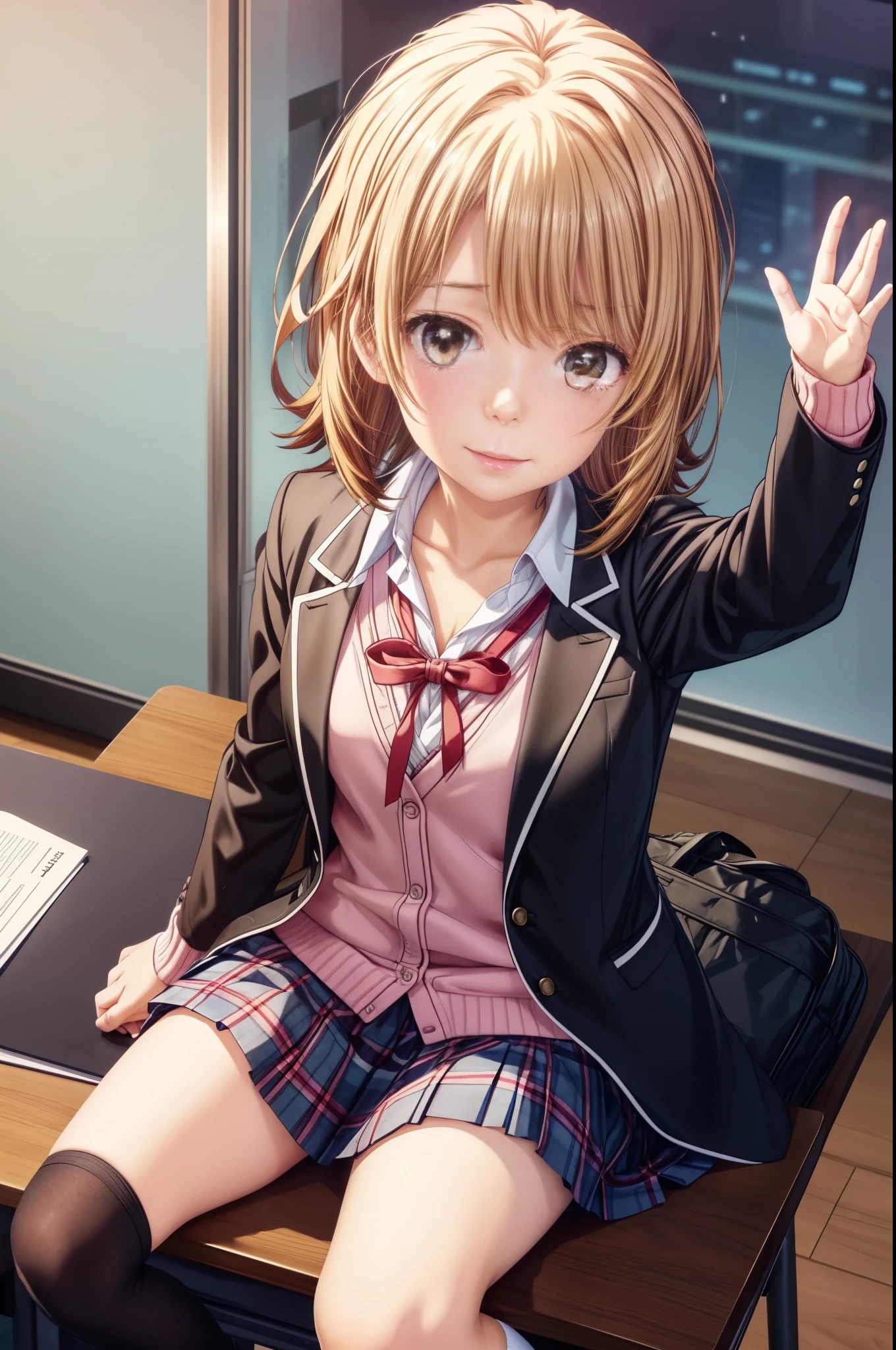 irohaisshiki, Isshiki Iroha, short hair, light brown hair, smile,break skirt, shirt, ribbon, school uniform, Jacket, white shirt, open clothes, socks, open Jacket, black Jacket, plaid, black pantyhose, plaid skirt, blazer, cardigan, Indoor shoes, pink cardigan, sobu high school uniform,birthday,There is a hole of birthday cake on the desk.,sitting in a chair,close both eyes,tears of joy,birthdayパーティー,confetti,being watched from above,
break indoors, classroom,
break (masterpiece:1.2), highest quality, High resolution, unity 8k wallpaper, (shape:0.8), highly detailed face, perfect lighting, Very detailed CG, (perfect hands, perfect anatomy),
