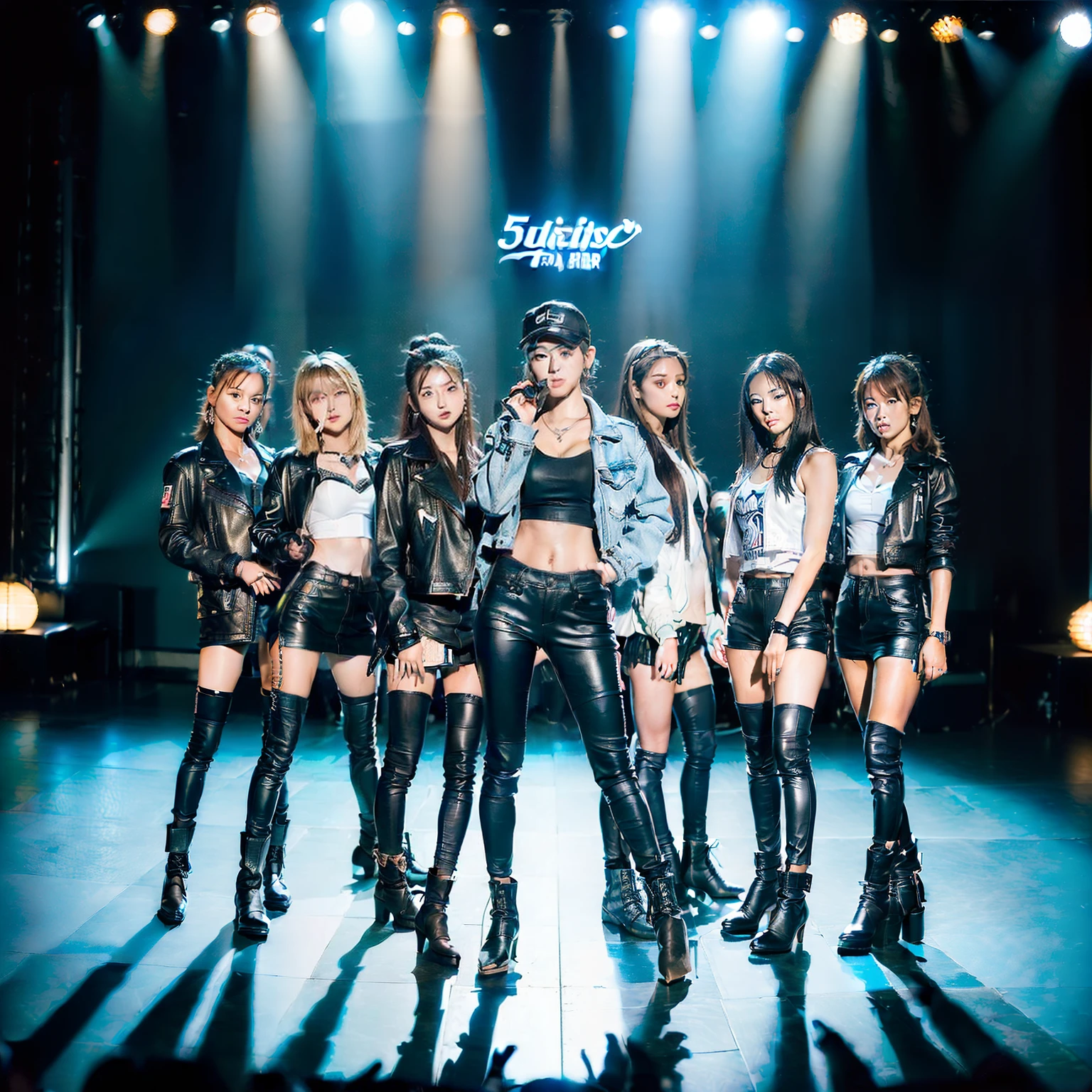 ((((((5girls)))), ((Masterpiece)), (Highest quality)), (8KUHD)))), ((Ultra High Definition))))), (Japan Woman), (Beauty)))))), (Boyish)), (Wild)), (Super tall)), (Super big)) ), looking at the camera, ((Full body)))))), (All light blue)), (Short hair)))))), ((Riders jacket)))))), (((Leather pants)))))), (Leather boots))))), (Studio lighting)