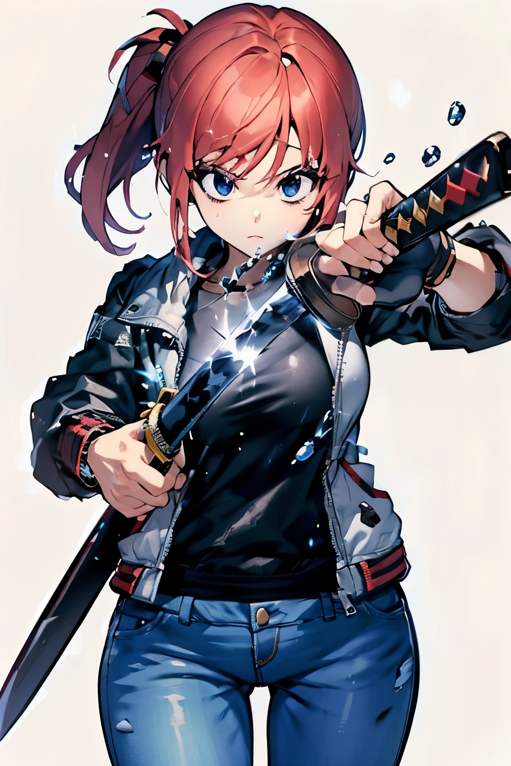 1 girl, fingerless black gloves point up, white jacket, jeans, black t-shirt with a white cross, the king of fighters style, holding a katana,