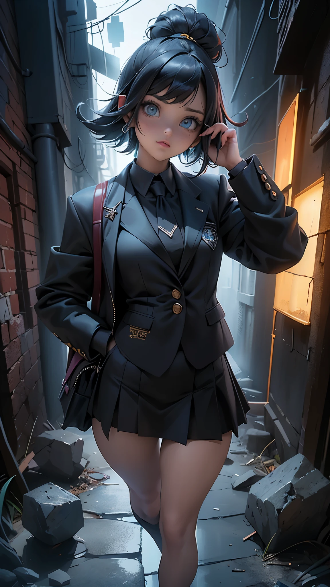  (La mejor calidad,A high resolution,Ultra - detallado,actual),Ariana Grande usando mochila negra, cool expression, tiro medio, 1 chica, Solo,, (BACKGROUND dark alley big stones , Abandoned alley background :1.4) , usando mochila negra, a girl in a school uniform, ojos azules detallados:1, Ojos medio cerrados, detailed tabs, ojos afilados, pelo azul real oscuro, pelo medio largo, hair behind the ear, side golpes, (Blazer negro, Falda plisada negra, medias negras), simple, frente al espectador, Manga illustration style, golpes, 18 years, classification: cuestionable, usando mochila negra, Correas negras:1, Blazer negro:1, chaqueta de manga larga,More detailed 8K.motor irreal:1.4,UHD,La mejor calidad:1.4, fotorrealista:1.4, textura de la piel:1.4, obra maestra:1.8,obra-prima, mejor calidad,objeto Objeto], (detailed face features:1.3),(Las proporciones correctas),(Ojos hermosos azules),  (pose vaquero), ,( ciberpunk 2.1), (mostrando panties falda levantada :1.4), (seaArt 2.2)
, (dedos detailed), (perfect anatomy:1.4) 