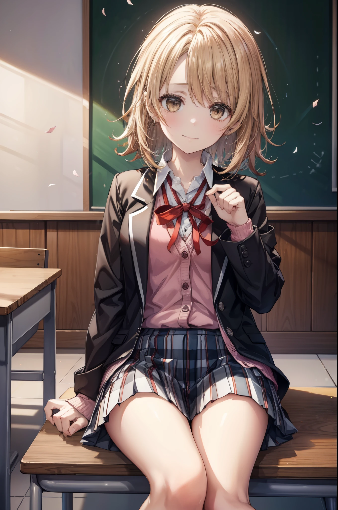 irohaisshiki, Isshiki Iroha, short hair, light brown hair, smile,break skirt, shirt, ribbon, school uniform, Jacket, white shirt, open clothes, socks, open Jacket, black Jacket, plaid, black pantyhose, plaid skirt, blazer, cardigan, Indoor shoes, pink cardigan, sobu high school uniform,birthday,There is a hole of birthday cake on the desk.,sitting in a chair,close both eyes,tears of joy,birthdayパーティー,confetti,being watched from above,
break indoors, classroom,
break (masterpiece:1.2), highest quality, High resolution, unity 8k wallpaper, (shape:0.8),  highly detailed face, perfect lighting, Very detailed CG, (perfect hands, perfect anatomy),