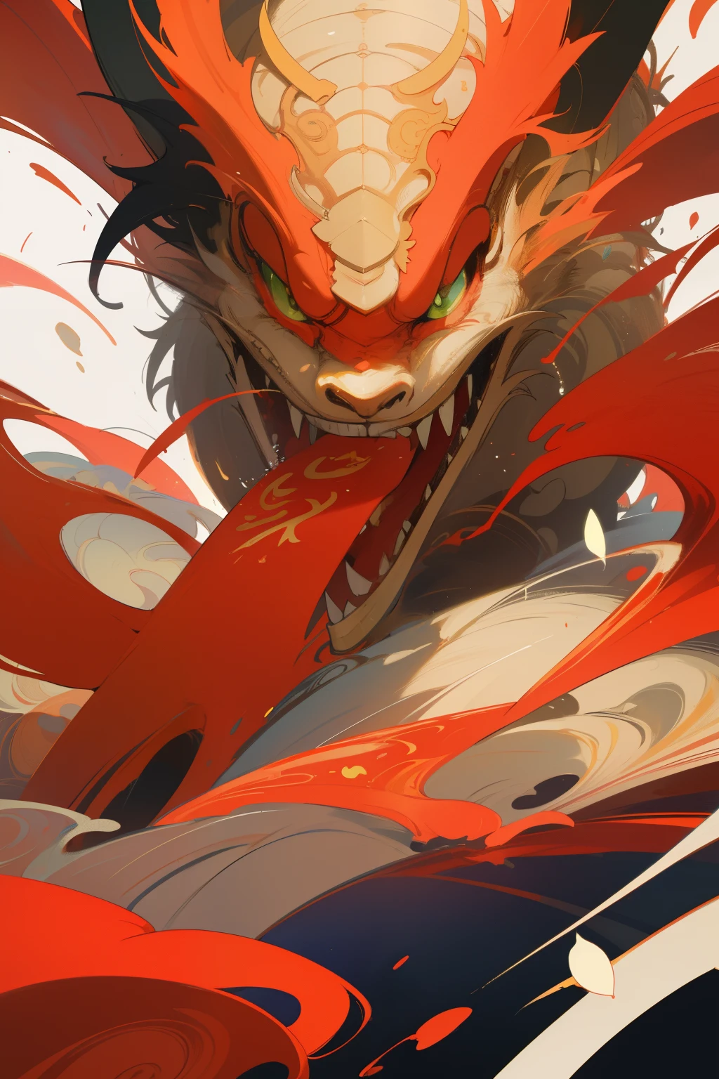 An impressive IP image design featuring a Chinese traditional dragon takes center stage in this artwork. The dragon is depicted in the style of Chinese red and splash gold, with bold lines that emphasize its grandeur and power. As confetti is thrown into the air, a burst of vibrant colors blooms at its core, creating a dynamic and celebratory atmosphere. The dragon itself is drawn in an anime-style sketch, giving it a playful and lively appearance. The use of soft watercolor sketch techniques adds a touch of delicacy and elegance to the overall composition. Incorporating elements of Chinese traditional folk New Year theme, this artwork captures the festive spirit and cultural significance of the occasion. The splash paint alcohol effect and ink drops further enhance the visual interest and texture of the