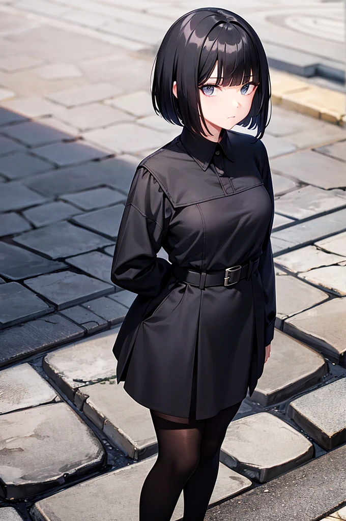 black hair bob cut Confident high school girl wearing black Inverness Standing with folded arms on the cobblestone sidewalk
black shining eyes