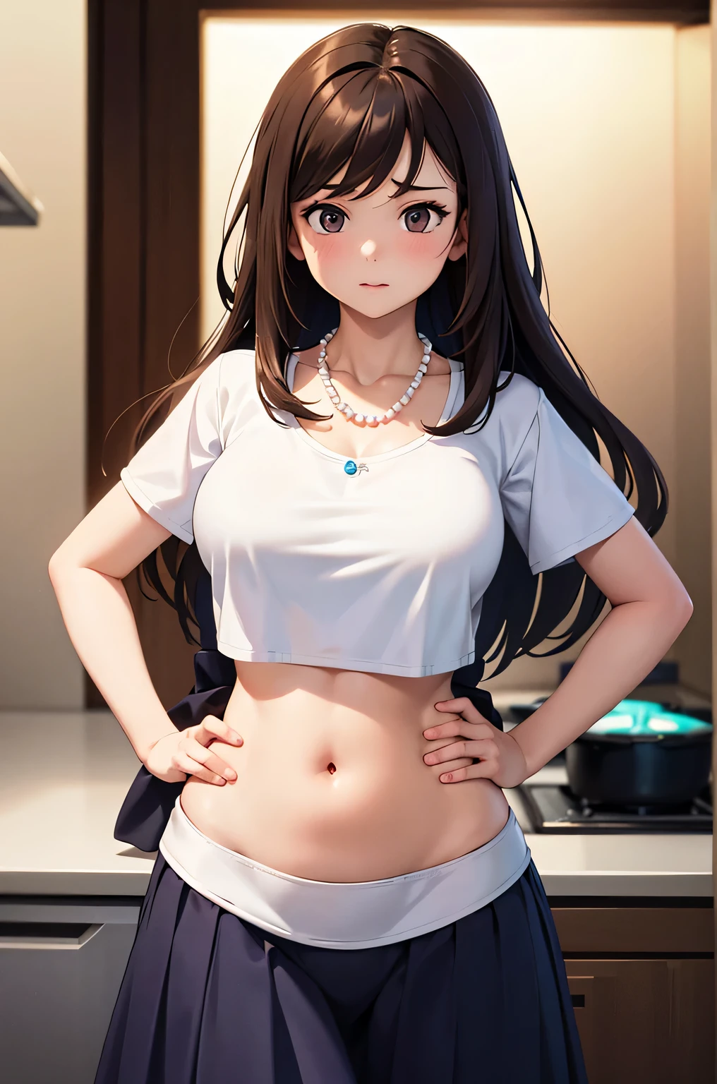 super fine illustration, vibrant colors, masterpiece, sharp focus, best quality, depth of field, cinematic lighting, ultra detailed, cropped t shirt , MILF, 1 woman, solo, belly button, kitchen, looking down, medium breasts, long hair, long skirt, pearl necklace, dark brown hair, confused, hands on own hips
