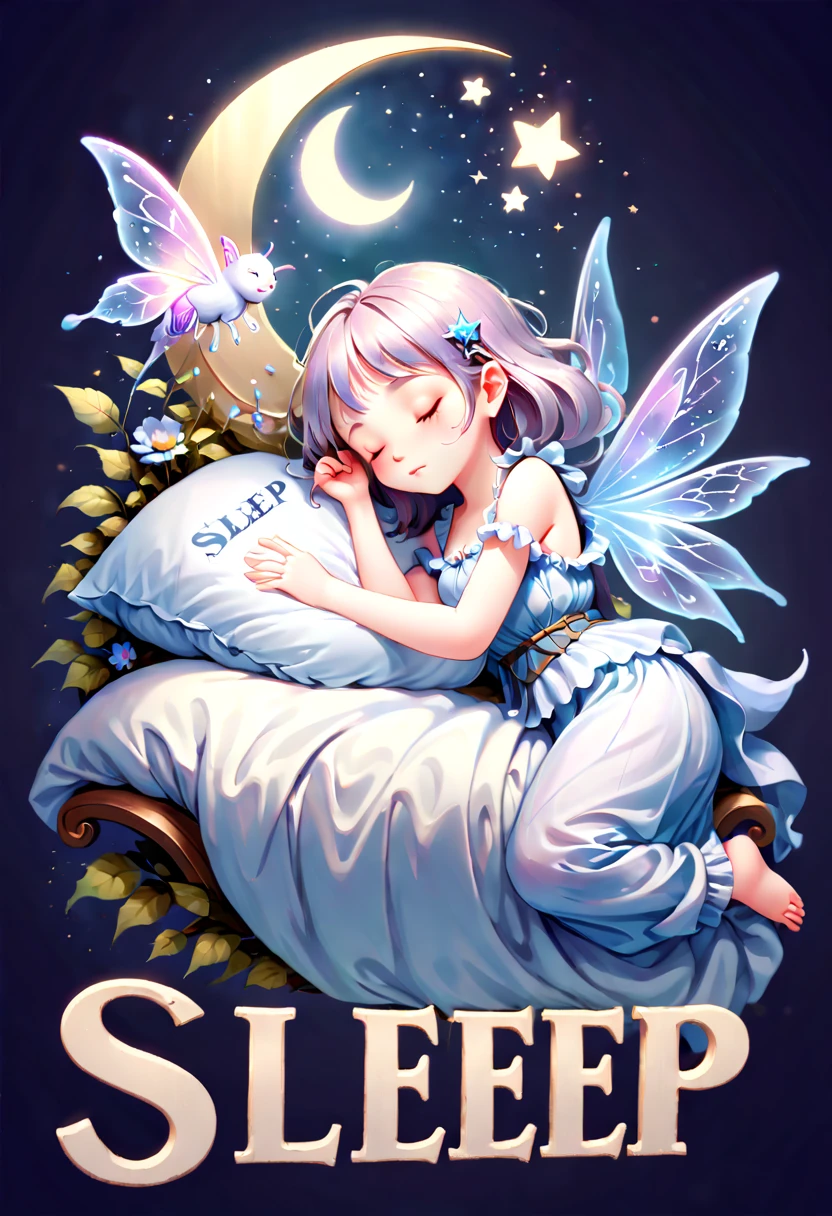 text as "sleep", (magical, magnificent, masterpiece), (high-quality, detailed), fairy holding-sign-saying ("sleep":1.3)