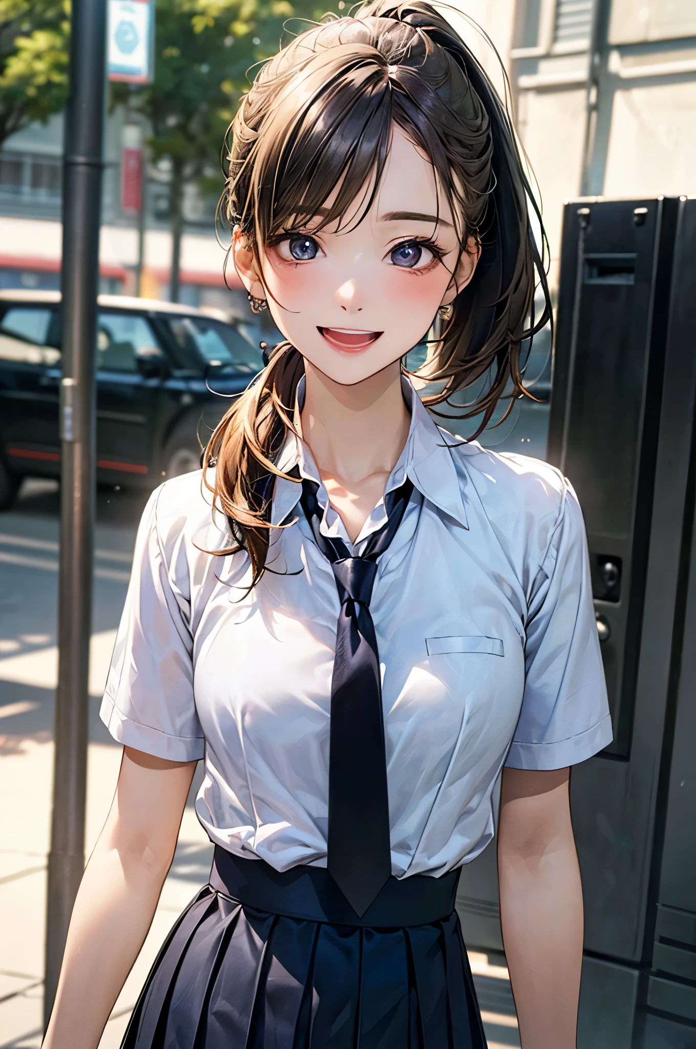 (masterpiece:1.2, top-quality), (realistic, photorealistic:1.4), beautiful illustration, (natural side lighting, movie lighting), nsfw,
looking at viewer, face focus, upper body, front view:0.6, 1 girl, japanese, high school girl, 15 years old, perfect face, cute and symmetrical face, shiny skin,
(middle hair:1.2, ponytail, sideburns:1.5, blond hair), hair pulled back, hairpin, gold eyes, long eye lasher, (medium breasts), slender,
beautiful hair, beautiful face, beautiful detailed eyes, beautiful clavicle, beautiful body, beautiful chest, beautiful thigh, beautiful legs, beautiful fingers,
((light blue collared shirts, black box pleated mini skirt with line,), navy tie),
(beautiful scenery), evening, (outside school), standing, index finger raised, head tit, (happy smile, open mouth),