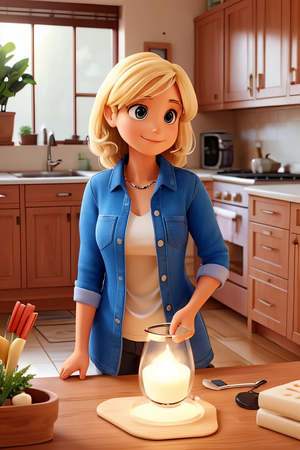 Visualize uma mulher de 32 anos, mother and dedicated to managing her home, immersed in your home care routine in a modern and cozy environment. Its radiant expression reflects the attention given to organizing and cultivating a harmonious home, while high-quality household items and gardening tools complement the setting. The delicate texture of the items and soft lighting reveal not only a well-kept home, but also the confidence emanating from its harmonious environment. This prompt aims to capture the essence of an authentic, balanced home, destacando a harmonia entre a maternidade e os cuidados com o lar, providing a unique representation for your brand in a realistic 3D context. Make her blonde.