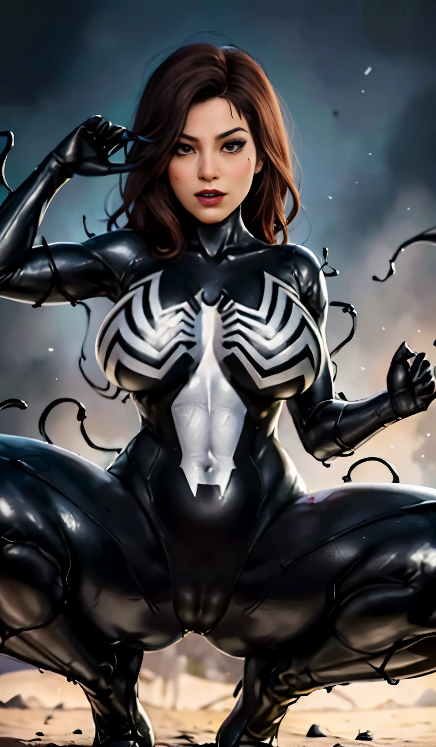 4K，realisticlying，Glamorous，The  very detailed，There  a girl in Dingcheng，Wearing a black Spider-Man costume，（Black and white：1.4） the night,symbiote，venomize，a large amount of mucus,she  a spiderman，Black superhero theme，In front of the sky，Flushed complexion，( Open legs， camel-toe，， Vulvar shape：1.3）,(GGCameltoe:1.3)Legs apart，25 age old，full bodyesbian