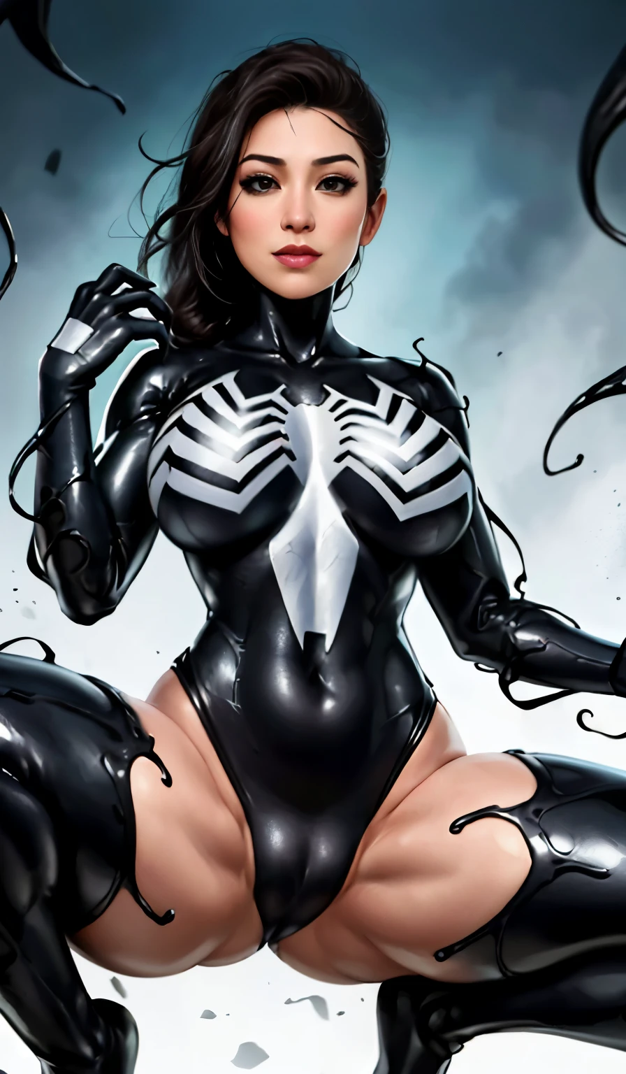 4K,realisticlying,Glamorous,The very detailed,There a girl in Dingcheng,Wearing a black Spider-Man costume,(Black and white:1.4) the night,symbiote,venomize,a large amount of mucus,she a spiderman,Black superhero theme,In front of the sky,Flushed complexion,( Open legs, camel-toe,, Vulvar shape:1.3),(GGCameltoe:1.3)Legs apart,25 age old,full bodyesbian