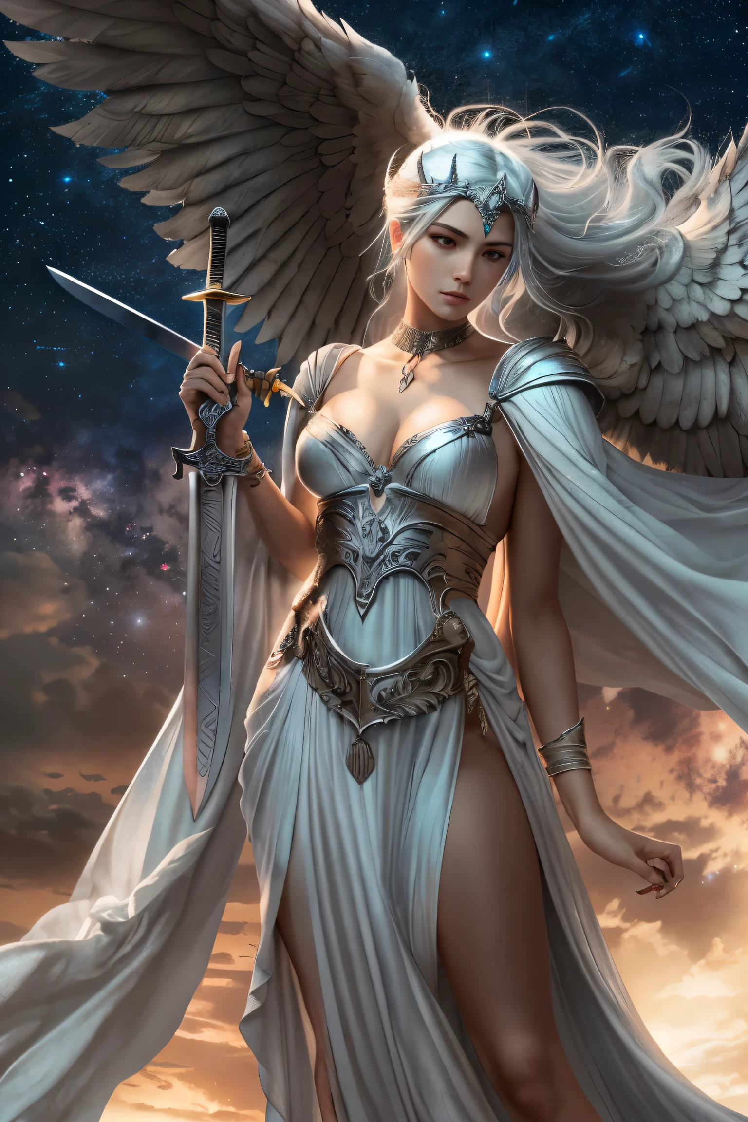 Greek goddess with wings of anger and punishment, Nememis, silver haired, Long in Greek toga, cool beauty, Looks strict and ruthless, ((have a sword)), Fly with wings in the starry sky, Greek Mythology, solemn atmosphere, Description of ultra-high precision needle, realistic, Super detailed, masterpiece, highest quality, High resolution, 8k
