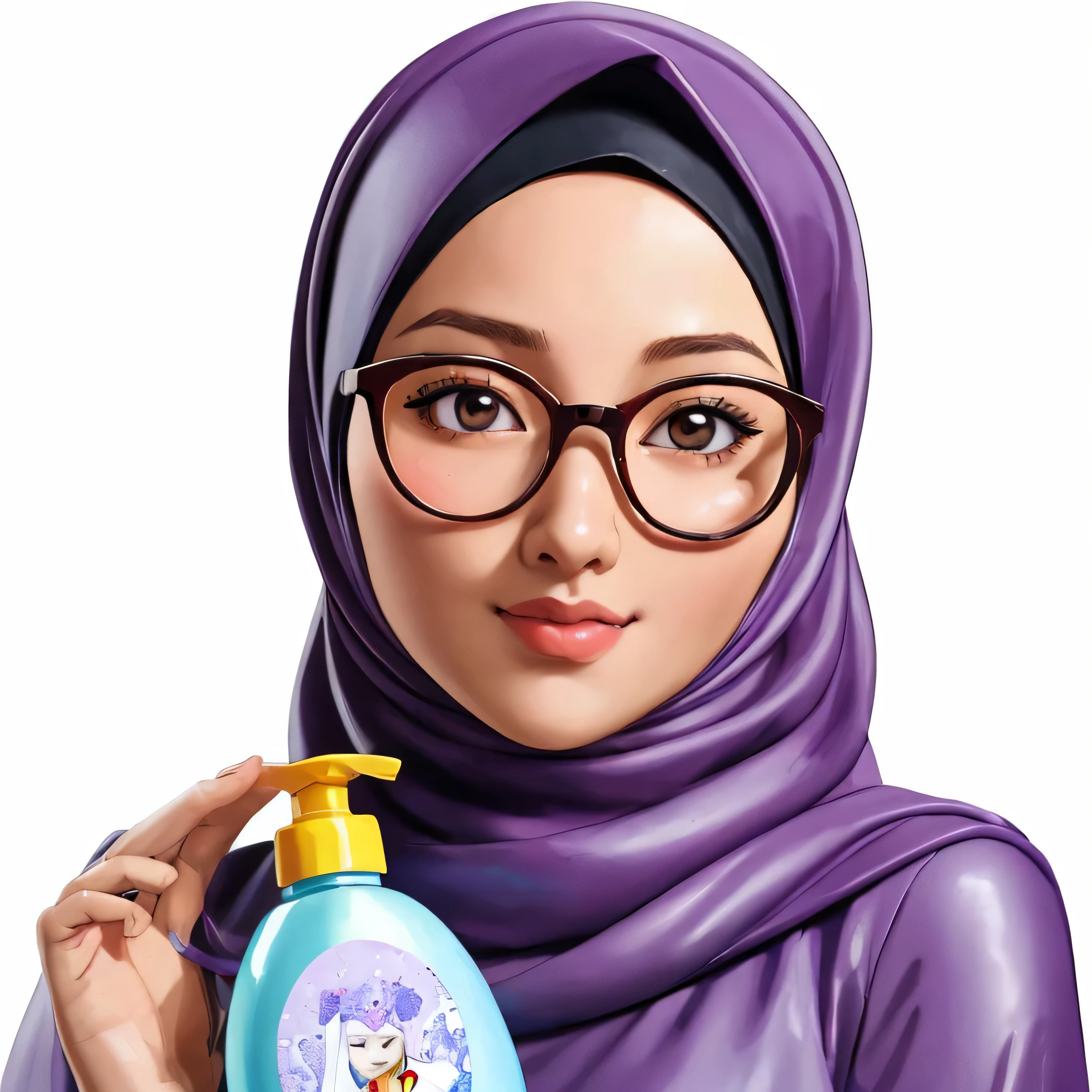 arafed woman in hijab holding a bottle of shampoo, realism artstyle, close up potrait, hijab, glomy, inspired by JoWOnder, glossy photo, cute woman, by Nil Gleyen, beauty woman, realism art, glossy digital painting, unreal ungine 5, clear clean face, portrait shot, smooth clean texture, by Abidin Dino