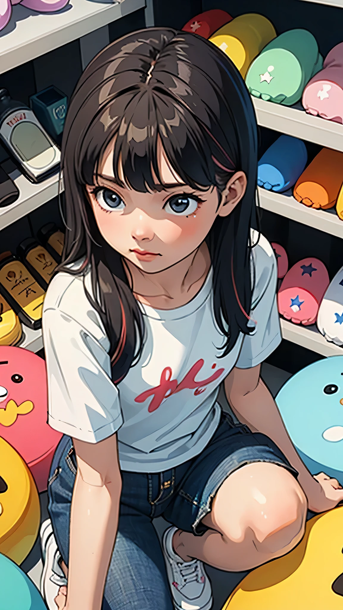 (masterpiece, best quality), (colorful:1.4), from above, alone, 1 girl squatting on the floor of a store,Shelves filled with stuffed animals, depth of field,The head is intact,Pink T-shirt,charming,