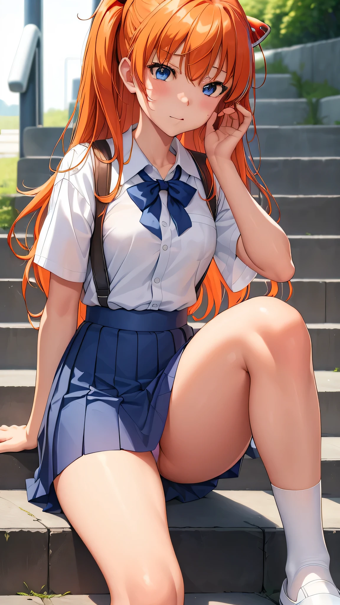 (masterpiece, best quality:1.2), (tsurime:1.2),
(Face focus, face close-up, Close-up face:1.2), tsurime, 1 girl, Soryu Asuka Langley, alone, blue eyes, uniform, looking at the audience, long hair, looking back, tokyo-3 middle uniform, Orange hair, white shirt, from behind, shirt, short sleeves, shut your mouth, Bangs, one side up, stairs, feet beyond frame, white socks, suspender skirt, 蓝色skirt, blue skirt, Outdoor sports, skirt, hair accessories,
 