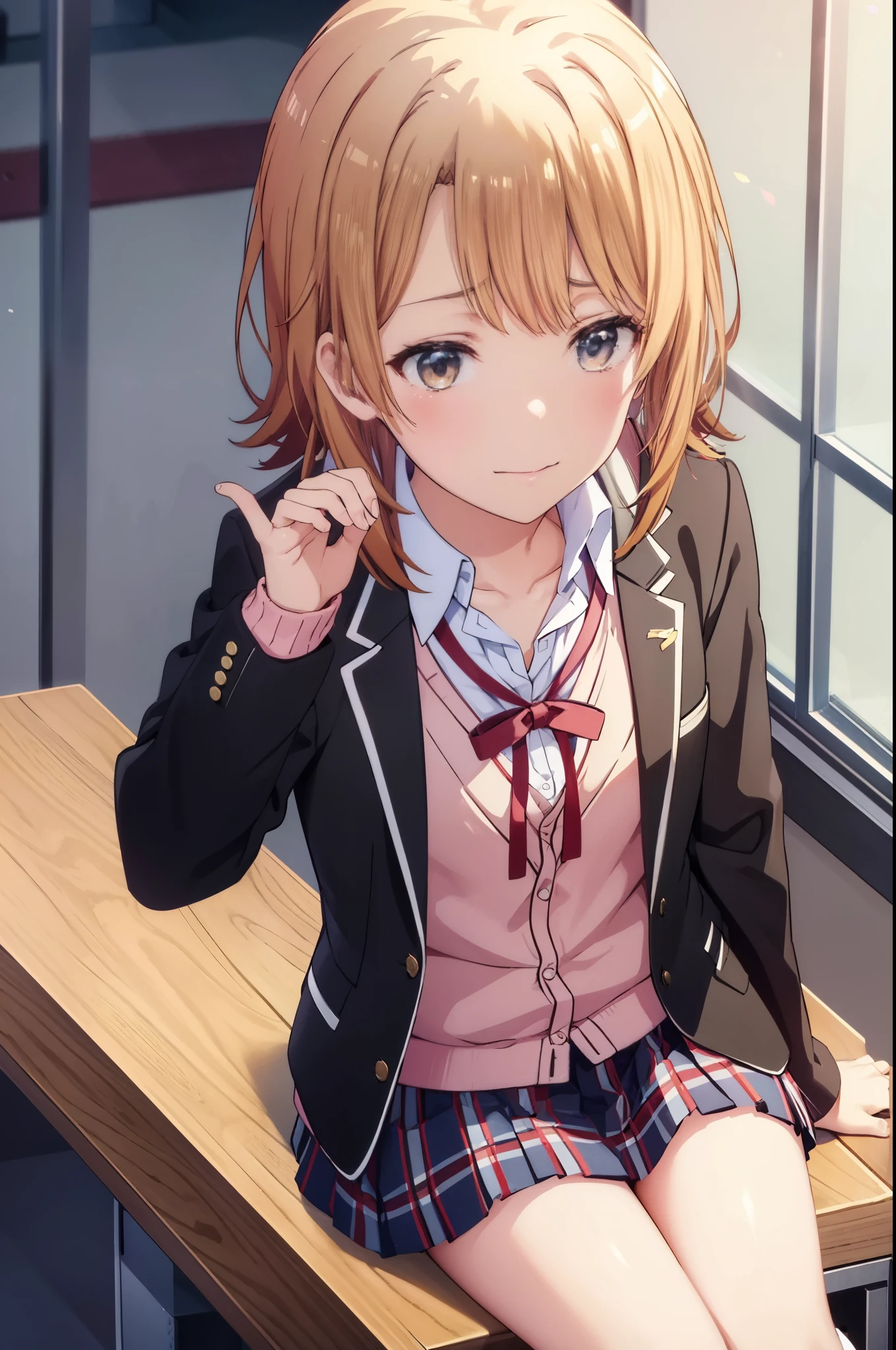 irohaisshiki, Isshiki Iroha, short hair, light brown hair, smile,break skirt, shirt, ribbon, school uniform, Jacket, white shirt, open clothes, socks, open Jacket, black Jacket, plaid, black pantyhose, plaid skirt, blazer, cardigan, Indoor shoes, pink cardigan, sobu high school uniform,birthday,There is a hole of cake on the desk.,sitting in a chair,close both eyes,tears of joy,birthdayパーティー,confetti,being watched from above,
break indoors, classroom,
break (masterpiece:1.2), highest quality, High resolution, unity 8k wallpaper, (shape:0.8), highly detailed face, perfect lighting, Very detailed CG, (perfect hands, perfect anatomy),