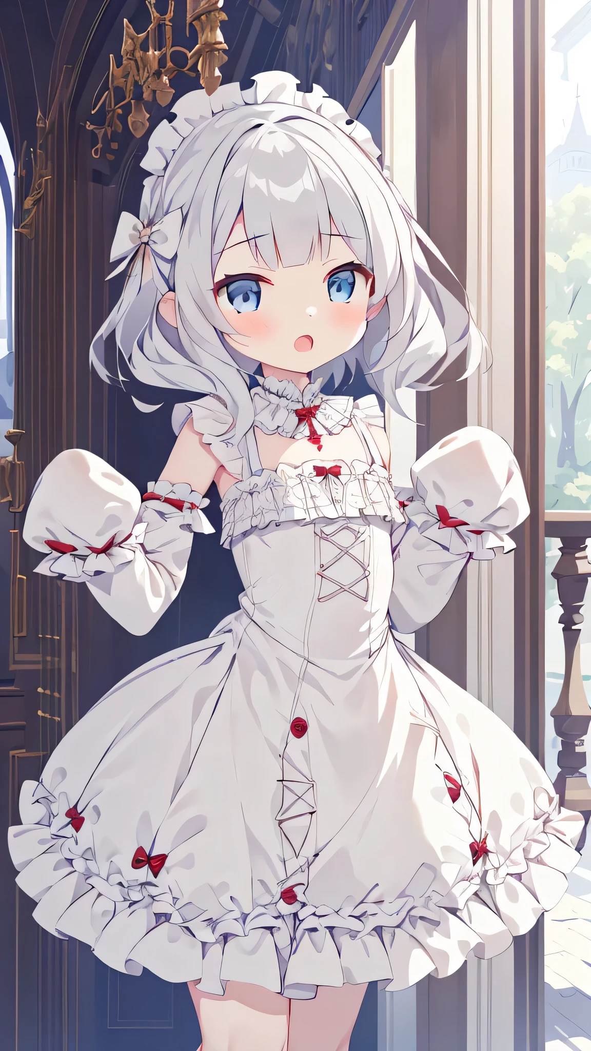 1 girl, frilly dress, (Sleeves extend beyond wrist, Sleeves extend beyond fingers), muesod, cheer