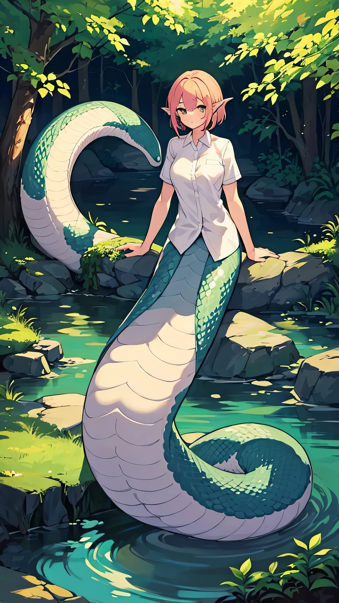 1 girl, Lamia, scales, White shirt, whole body, Outdoor sports,