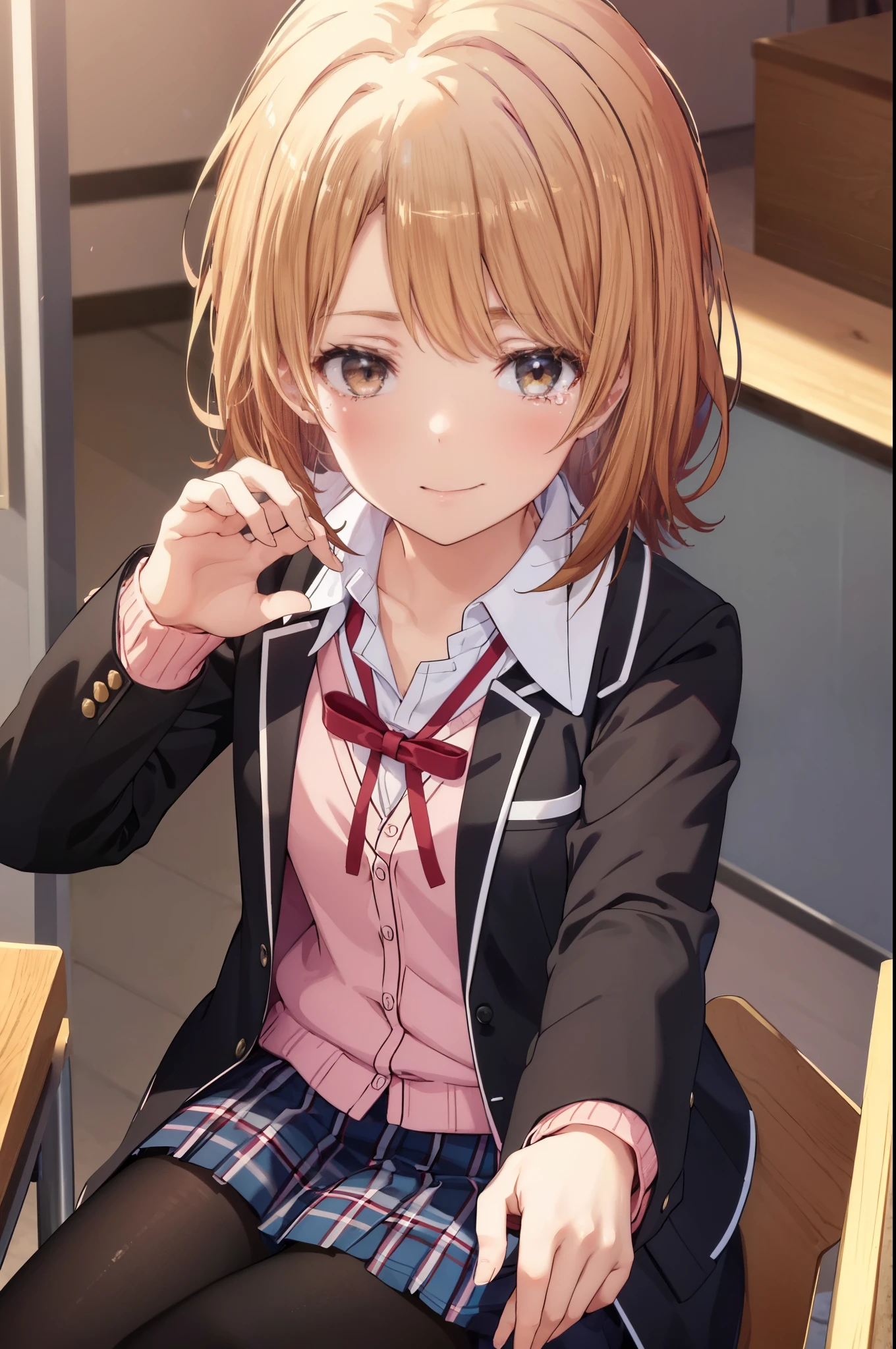 irohaisshiki, Isshiki Iroha, short hair, light brown hair, smile,break skirt, shirt, ribbon, school uniform, Jacket, white shirt, open clothes, socks, open Jacket, black Jacket, plaid, black pantyhose, plaid skirt, blazer, cardigan, Indoor shoes, pink cardigan, sobu high school uniform,birthday,There is a hole of cake on the desk.,sitting in a chair,close both eyes,tears of joy,birthdayパーティー,confetti,being watched from above,
break indoors, classroom,
break (masterpiece:1.2), highest quality, High resolution, unity 8k wallpaper, (shape:0.8), highly detailed face, perfect lighting, Very detailed CG, (perfect hands, perfect anatomy),