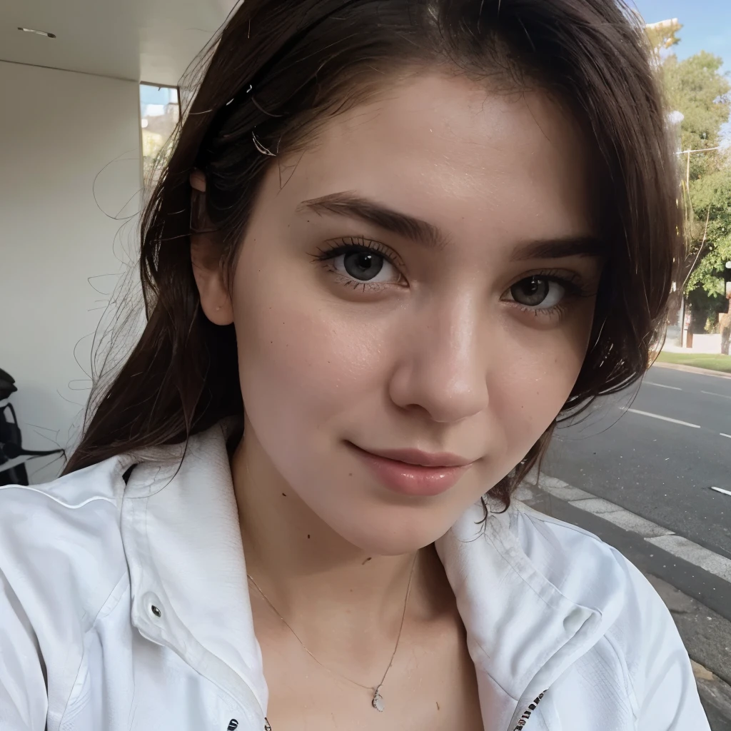 instagram photo, closeup face photo of 23 y.o Chloe in white jacket, cleavage, pale skin, (smile:0.4), hard shadows, cycling outfit, after shower with wet hair, hair salon