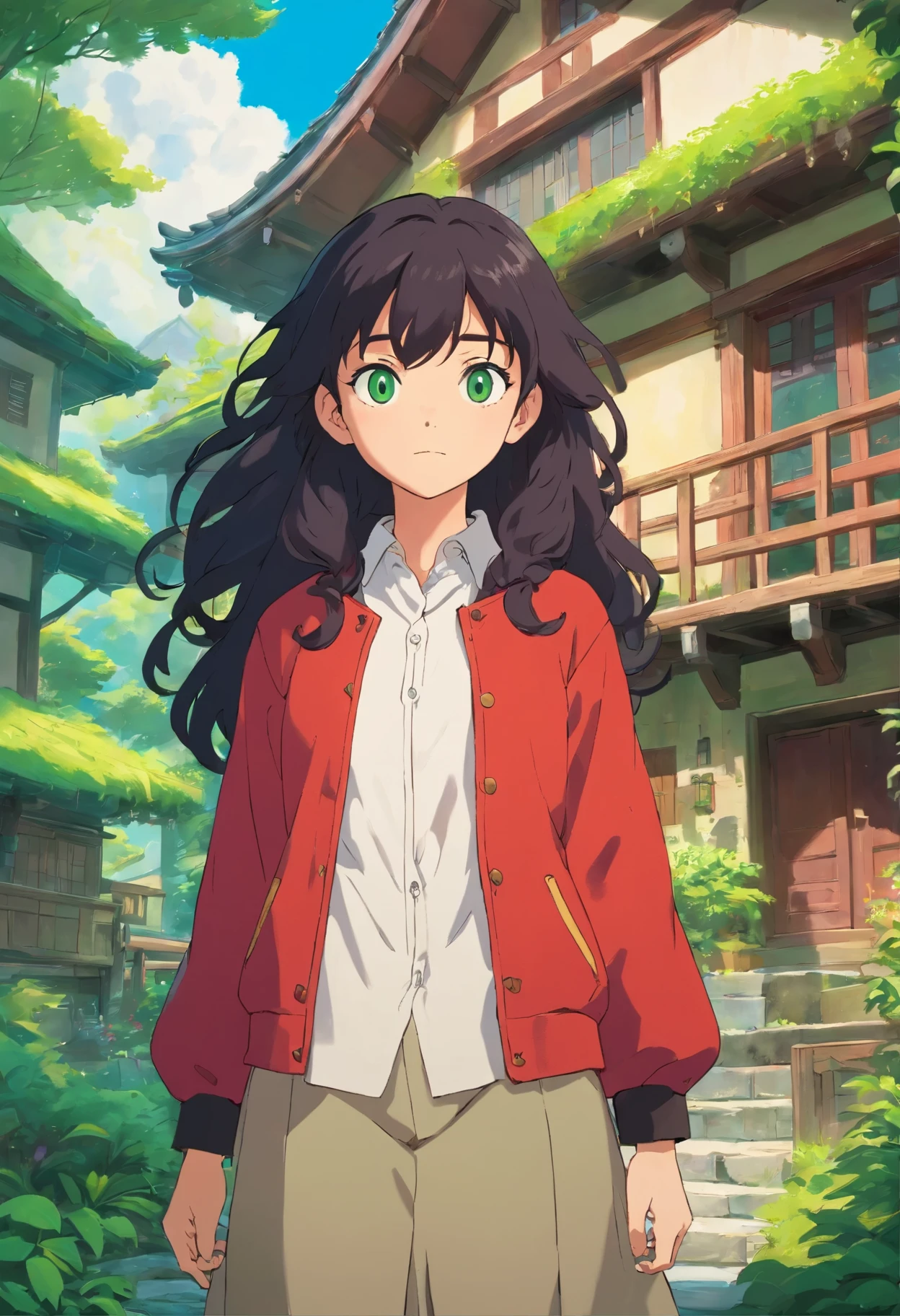 Una chica con pelo largo y rizado negro sin flequillo., Ojos verdes, y ella lleva una chaqueta roja y una camisa blanca, al estilo de tranquilos jardines, colorful animation frames, masami teraoka, Dark and terrifying colors, Paul Gauguin, embryo style, honest representation, In the background is the interior of a large haunted wooden house