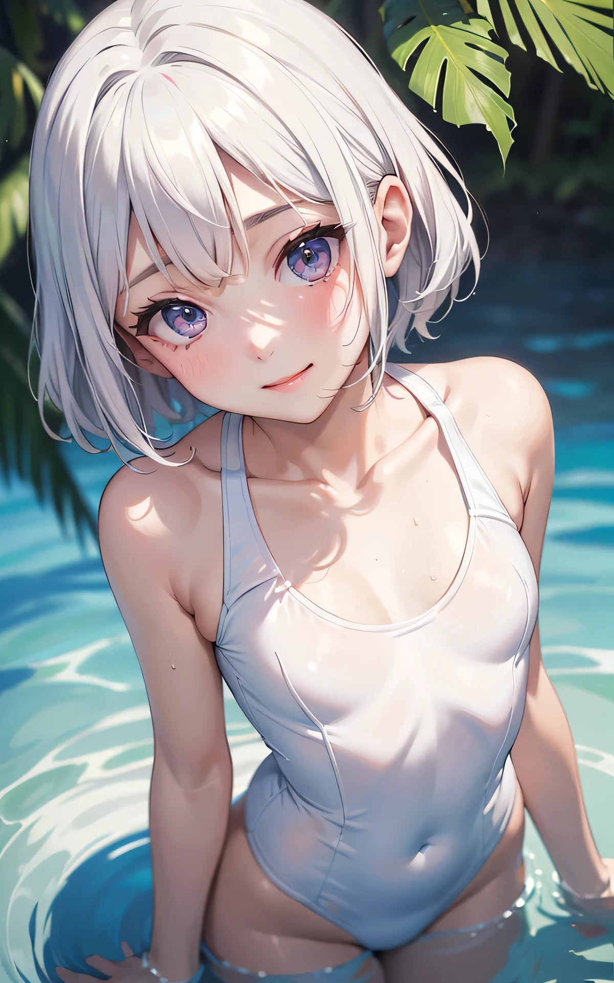 (transparent、white old school swimsuit:1.3、Face enhancement:1.3, upper body:1.6, from above:1.3)、12 yers old、absurderes、detailed hair、Flat Lighting、dramatic angle、sexy pose、best quality、intricate detailed、Hyperrealistic、perspective, highly detailed, detailed background, illustration、1 girl、solo、small breasts、light smile, very short hair