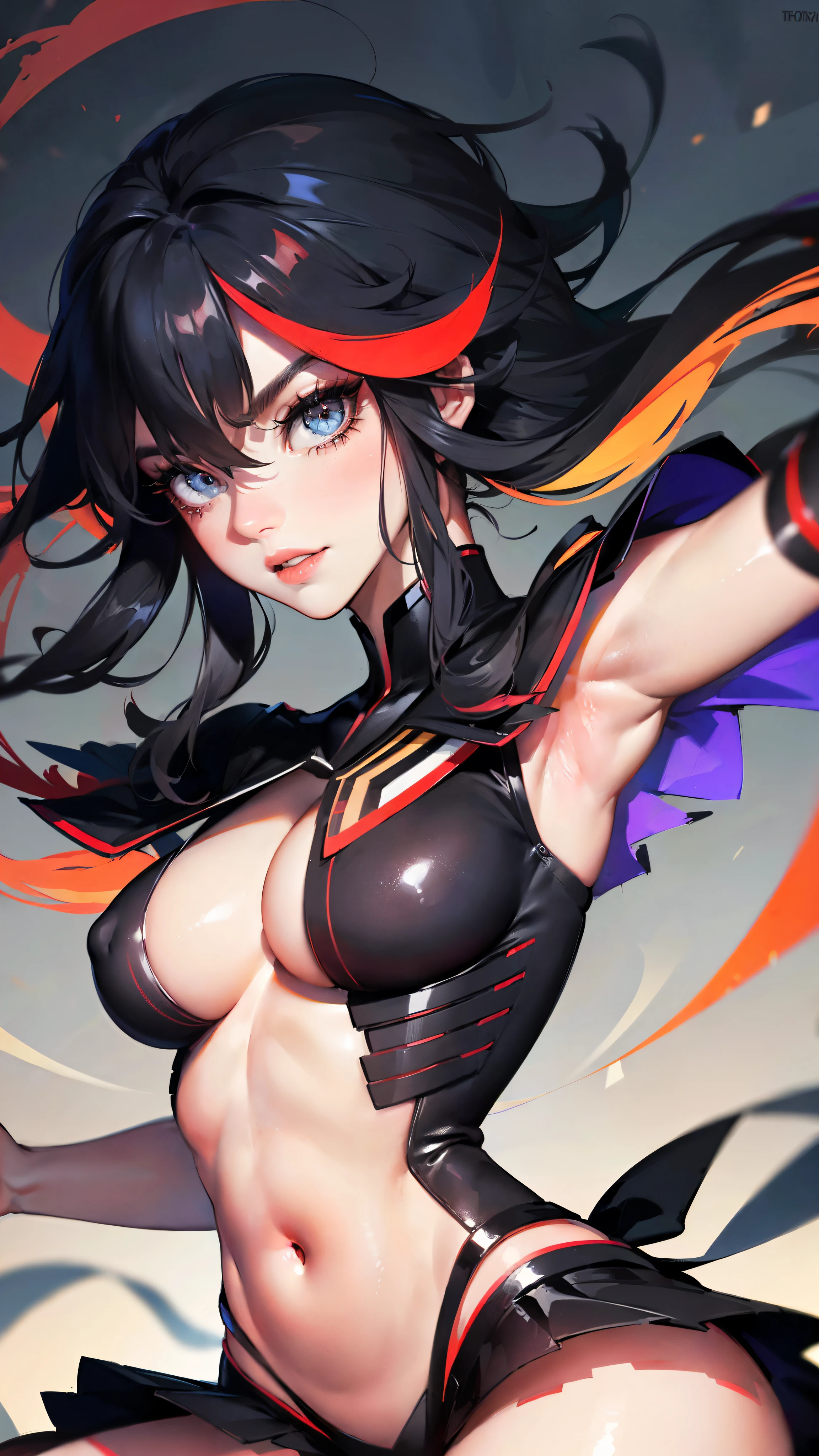 Matoi Ryuuko (Kill la kill), Fleshy thighs, Instagram pose，Dynamic angle, Show armpits, ((Battle suit)), C cup, Happy expression, (Entire body image:1.5), (8K, Best quality, A high resolution:1.35), (RAW photo:1.2), (Photorealistic:1.37), (Masterpiece: 1.25), Dramatic lighting, Photon maping, Symmetry, Complexity, Elegance, (1 girl), Large breast, Long eyelashes, Detailed eyelashes, Eye shadows, Glowing eyes, ((Natural makeup, Clear facial features)), ((Curvy build, Showing stomach)), ((Fine detailed beautiful eyes: 1.2)), Bad girl, Erotic, ((City background, Night))