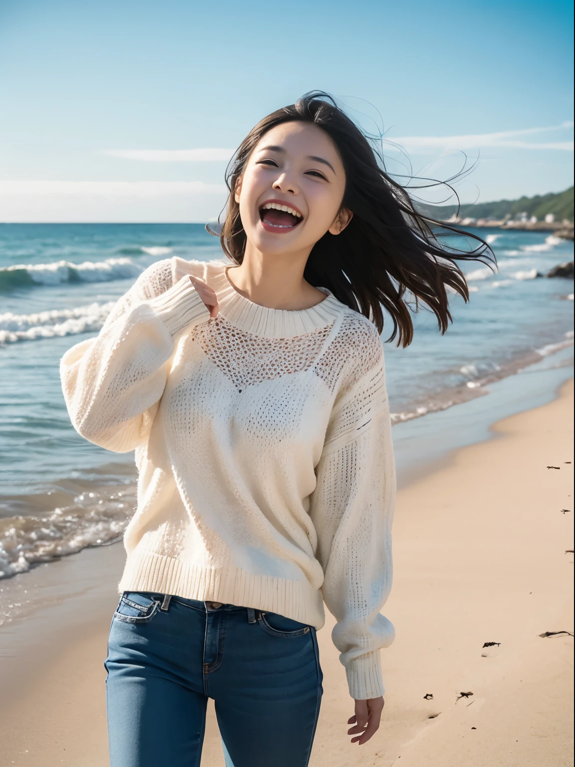 Open your mouth and burst out laughing、white knit sweater、jeans、a little wind blows、Bright seaside、sandy beach、