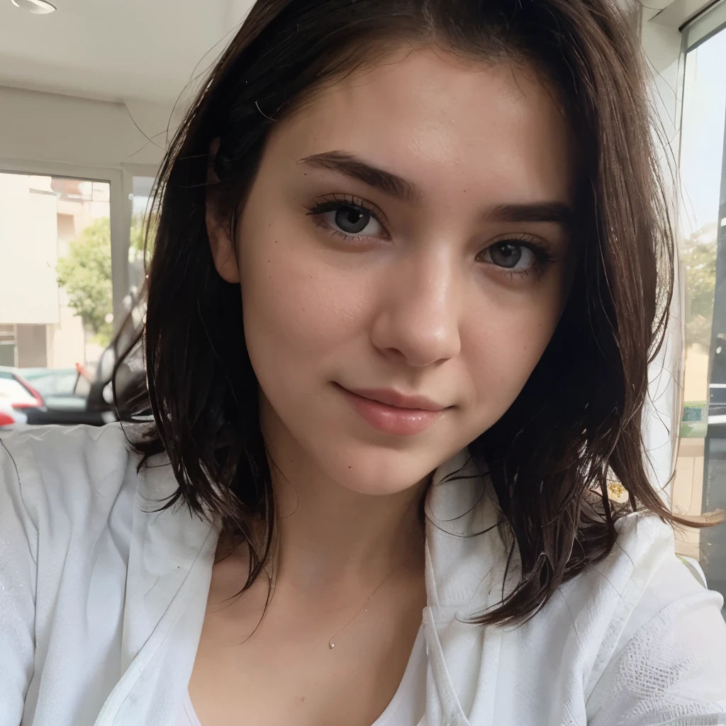 instagram photo, closeup face photo of 23 y.o Chloe in white jacket, cleavage, pale skin, (smile:0.4), hard shadows, cycling outfit, after shower with wet hair, hair salon