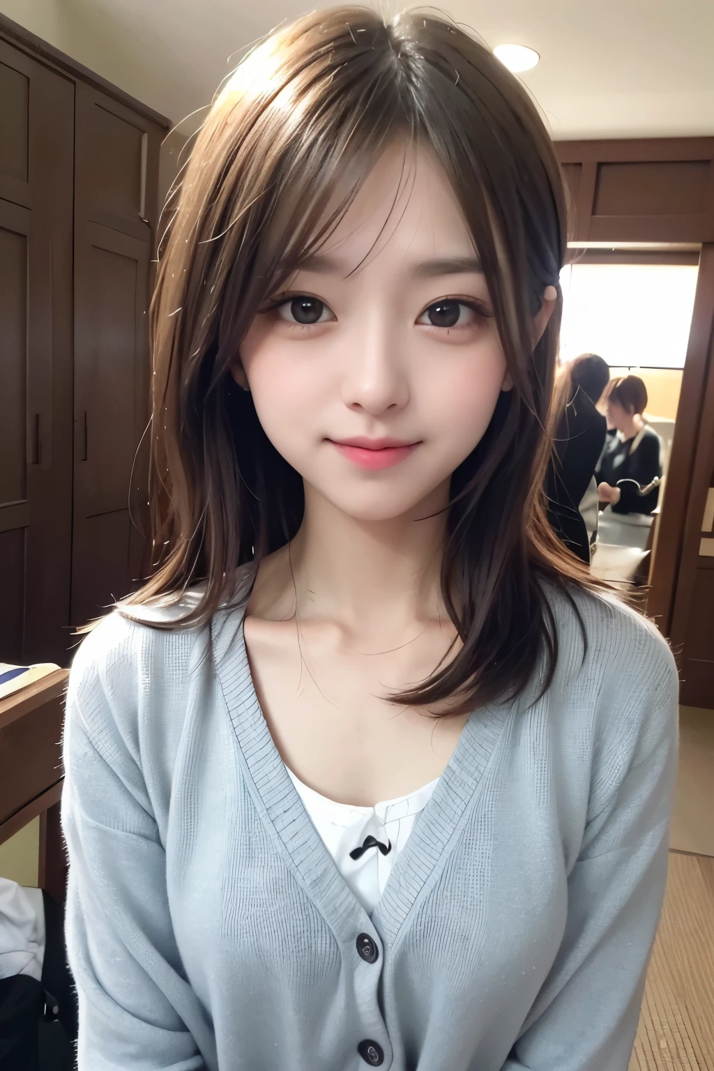 masterpiece, best image quality, high quality, beautiful girl, Japan語, Japan , popular korean makeup,school uniform, cardigan、 detailed, swollen eyes, detailed eye, fine skin, beautiful skin, Super high resolution, (reality:1.4), very very beautiful, a little young face, beautiful skin, thin, (超reality的な), (High resolution), (8k), (美しくdetailedな目), (超detailedな), (wall-), (detailedな顔), looking at the viewer, finely、detailed face、Pure erotic face ace_v1、laughter、look straight ahead、Looks straight from the waist up、reality的な写真、bright lighting、hair length、winter city