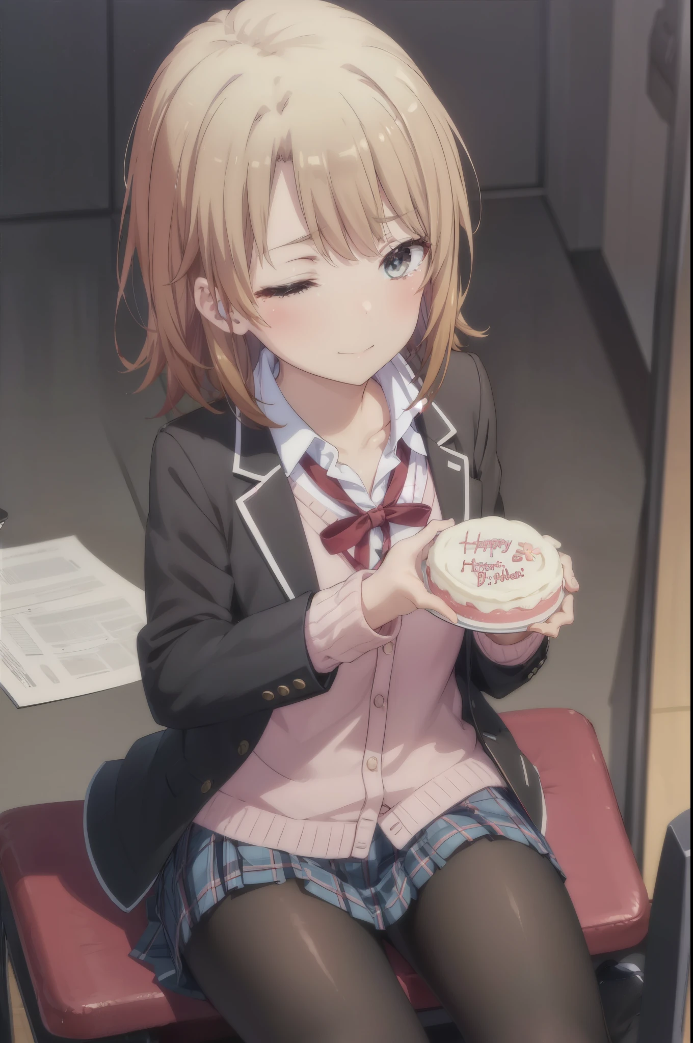 irohaisshiki, Isshiki Iroha, short hair, light brown hair, smile,break skirt, shirt, ribbon, school uniform, Jacket, white shirt, open clothes, socks, open Jacket, black Jacket, plaid, black pantyhose, plaid skirt, blazer, cardigan, Indoor shoes, pink cardigan, sobu high school uniform,birthday,There is a birthday cake on the desk.,sitting in a chair,close both eyes,tears of joy,birthdayパーティー,confetti,being watched from above,
break indoors, classroom,
break (masterpiece:1.2), highest quality, High resolution, unity 8k wallpaper, (shape:0.8),  highly detailed face, perfect lighting, Very detailed CG, (perfect hands, perfect anatomy),