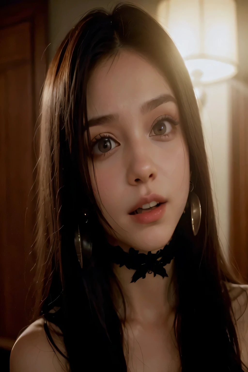 curvy woman with long hair and earrings looking at camera, Nina Dobrev, mas um olhar severo sobre ela, intense fumegante, inspirado em Elena Guro, fumegante, como um vampiro, inspirado em Nina Petrovna Valetova, Garota bonita, mulher deslumbrante, captura de tela do filme, sorriso sensual, Quente, Cara bonita!!, doll face