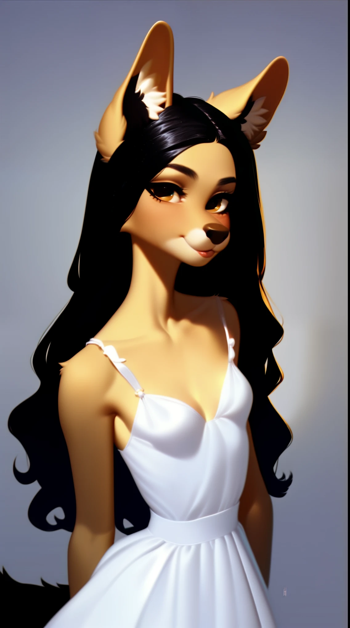 (score_9), (source_ derpibooru_p_95),m, ((cute anthro canine :1.1)), (cute sun dress), blushing, teenager, innocent look, solo, long dark hair, anatomically correct, flat chest , high res, extremely detailed, adorable, ribs, hip bones, living room, 1girl, absurd resolution, moonlight, cute nose, cute snout, realistic hair, fluffy ears, skinny waist, upper body photo, facing straight at camera, perfect eyes, 