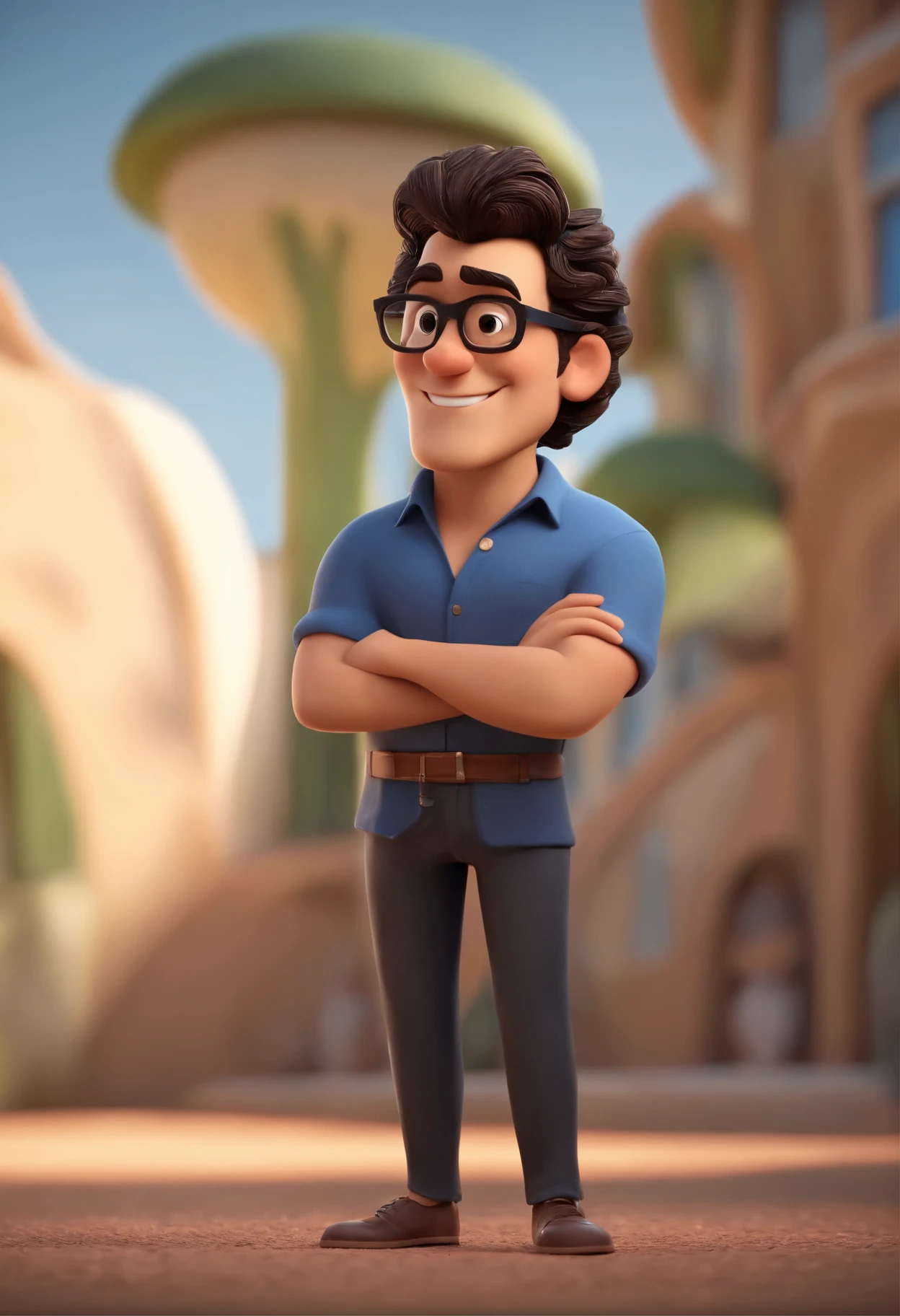 Cartoon character of a man wearing black glasses, dark brown curly hair and blue shirt, animated character, stylized character, animation style rendering, 3D stylized, Arnold Maya render, 3D rendering stylized, cartoon key frame rendering, 3D character, 3D character, 3D rendering stylized, 3D rendering of characters, cartoon character, Character close up, Character pose, (pixar style) (main part:1.2) (hips) (Best quality) (detailed skin) (detailed texture) (8K) (clay) (cinematic lighting) (sharp focus