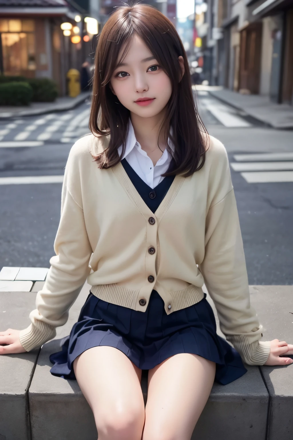 (masutepiece, Best Quality, Photorealistic, hight resolution, Photography, :1.3), up close shot, Sharp Focus,14years、 1girl in,violaceaess, gardeniass, Beautiful Girl, School uniform, (Navy pleated skirt:1.1), Cinch West, thighs thighs thighs thighs, Highly detailed eyes and pupils, Realistic skin, (Slim body shape, tall stature), shiny lips, ((Wearing a white dress shirt and beige cardigan)), plein air,Looking at Viewer, No makeup, (Smile:0.4), Film grain, chromatic abberation, Sharp Focus, face lights, clear lighting, , Detailed face, Bokeh background, (dark red necktie:1.1)