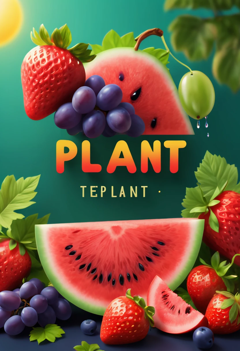 Logo "plant", text as "plant", creative Font Design, typeface, spirit of fruit, summer,Delicious fruits,Fruit slices in the sun,Juicy grapes,Chilled watermelon slices,Vibrant red strawberries,water drops on fruit, Message card design, magical letter-shaped flame, magical flame, txt says "plant"