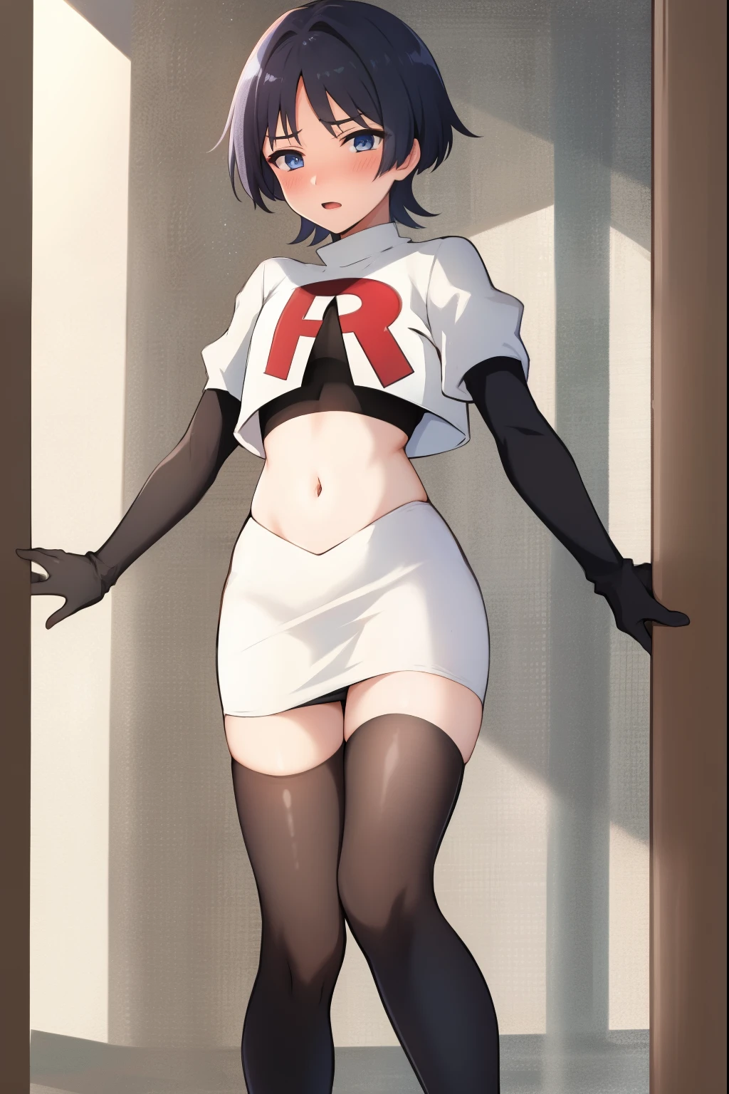 absurdres,masterpiece, trap, best quality, highres, high quality, 1boy, solo, male focus, hair, crossdressing,1boy,team rocket,team rocket uniform,white skirt,red letter R,crop top,black thigh-highs,black elbow gloves, embarrassed, blush