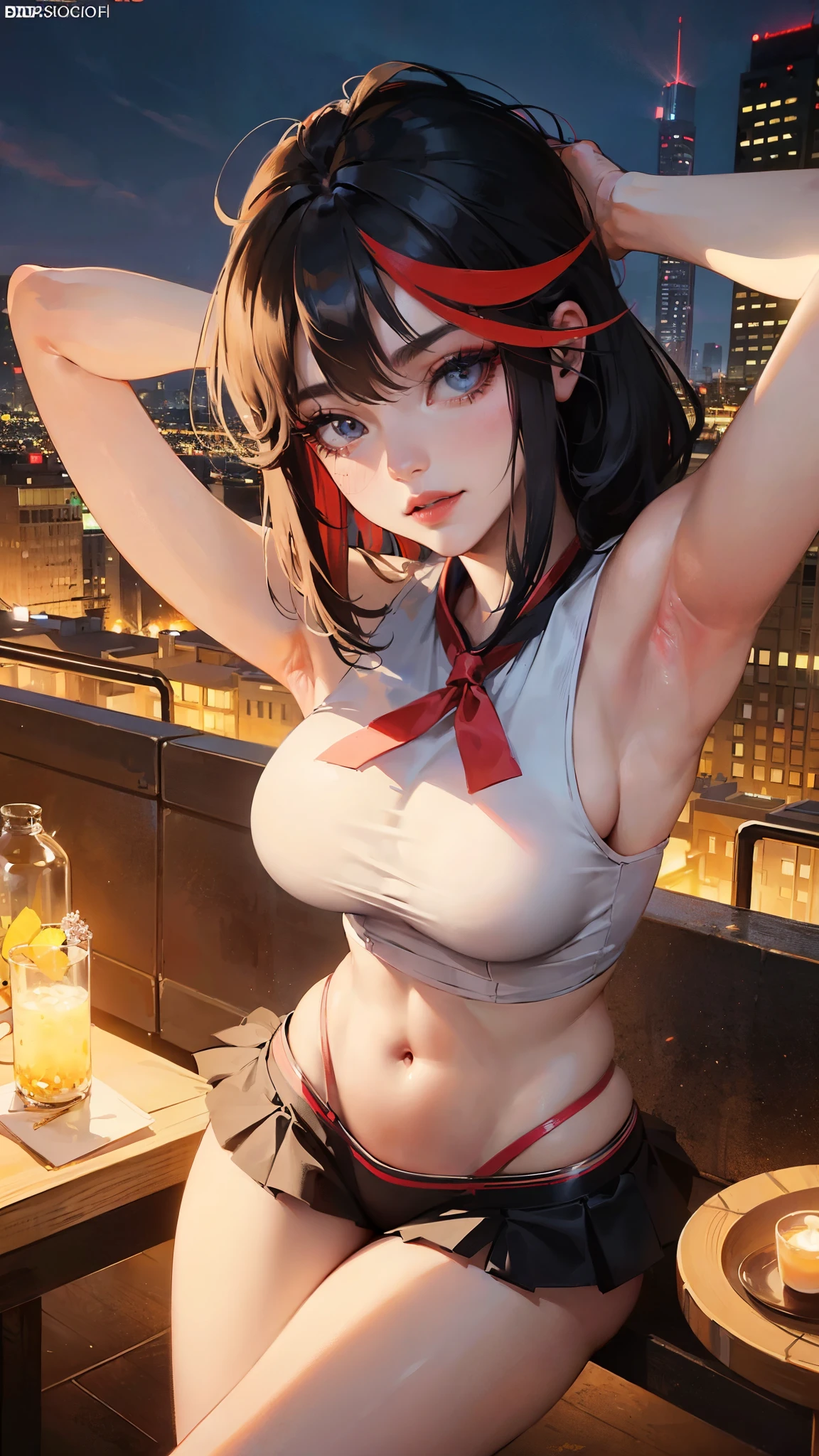 Matoi Ryuuko (Kill la kill), Fleshy thighs, Instagram pose，Dynamic angle, Show armpits, ((Latex tank top)), C cup, Happy expression, (Entire body image:1.5), (8K, Best quality, A high resolution:1.35), (RAW photo:1.2), (Photorealistic:1.37), (Masterpiece: 1.25), Dramatic lighting, Photon maping, Symmetry, Complexity, Elegance, (1 girl), Large breast, Long eyelashes, Detailed eyelashes, Eye shadows, Glowing eyes, ((Natural makeup, Clear facial features)), ((Curvy build, Showing stomach)), ((Fine detailed beautiful eyes: 1.2)), Bad girl, Erotic, ((Cityscape, Night))