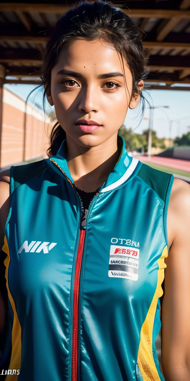 beautiful mature Indian college girl, in track outfit, outside on track field, ((slim, )), photorealistic, photo, masterpiece, realistic, realism, photorealism, high contrast, photorealistic digital art trending on Artstation 8k HD high definition detailed realistic, detailed, skin texture, hyper detailed, realistic skin texture, armature, best quality, ultra high res, (photorealistic:1.4),, high resolution, detailed, raw photo, sharp re, by lee jeffries nikon d850 film stock photograph 4 kodak portra 400 camera f1.6 lens rich colors hyper realistic lifelike texture dramatic lighting unrealengine trending on artstation cinestill 800,