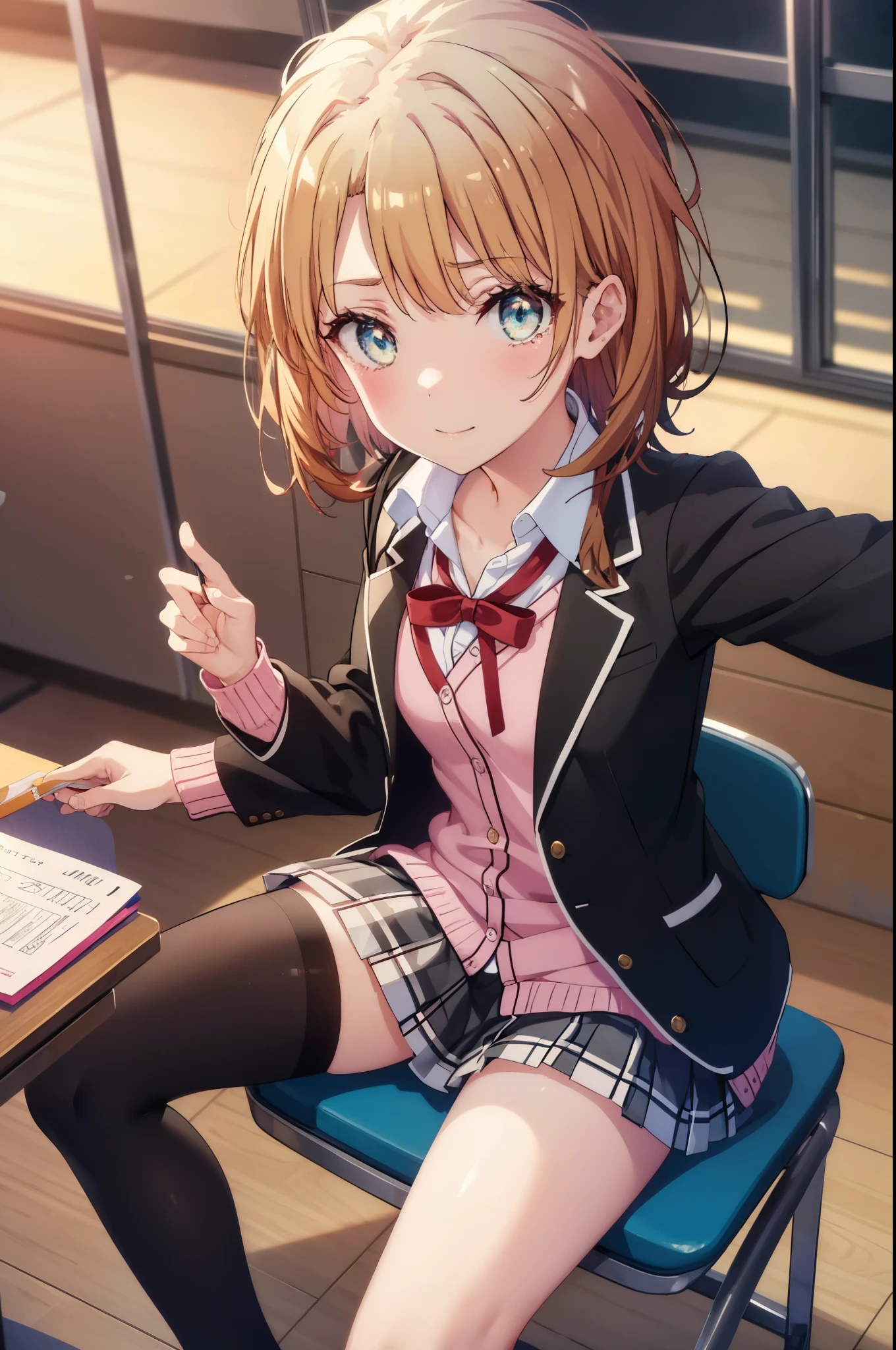 irohaisshiki, Isshiki Iroha, short hair, brown hair, brown eyes,smile,break skirt, shirt, ribbon, school uniform, Jacket, white shirt, open clothes, socks, open Jacket, black Jacket, plaid, black pantyhose, plaid skirt, blazer, cardigan, Indoor shoes, pink cardigan, sobu high school uniform,birthday,There is a birthday cake on the desk.,sitting in a chair,tears of joy,birthdayパーティー,confetti,being watched from above,
break indoors, classroom,
break (masterpiece:1.2), highest quality, High resolution, unity 8k wallpaper, (shape:0.8),  (detailed and beautiful eyes:1.6),highly detailed face, perfect lighting, Very detailed CG, (perfect hands, perfect ???????),