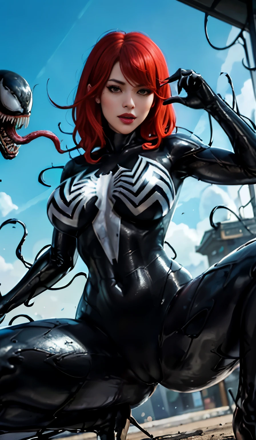 4K,realisticlying,Glamorous,The very detailed,There a girl in Dingcheng,Red hair,Wearing a black Spider-Man costume,(Black and white:1.4) the night,symbiote,venomize,a large amount of mucus,she a spiderman,Black superhero theme,In front of the sky,Flushed complexion,( Open legs, camel-toe,, Vulvar shape:1.3),(GGCameltoe:1.3)Legs apart,25 age old,full bodyesbian