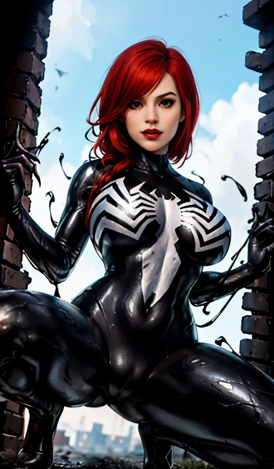 4K，realisticlying，Glamorous，The  very detailed，There  a girl in Dingcheng，Red hair，Wearing a black Spider-Man costume，（Black and white：1.4） the night,symbiote，venomize，a large amount of mucus,she  a spiderman，Black superhero theme，In front of the sky，Flushed complexion，( Open legs， camel-toe，， Vulvar shape：1.3）,(GGCameltoe:1.3)Legs apart，25 age old，full bodyesbian