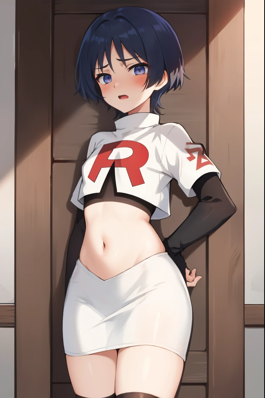absurdres,masterpiece, trap, best quality, highres, high quality, 1boy, solo, male focus, hair, crossdressing,1boy,team rocket,team rocket uniform,white skirt,red letter R,crop top,black thigh-highs,black elbow gloves, embarrassed, blush