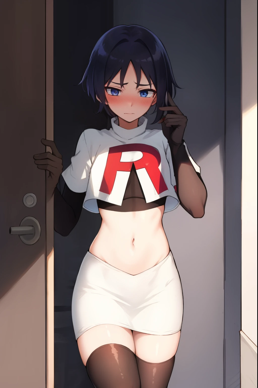 absurdres,masterpiece, trap, best quality, highres, high quality, 1boy, solo, male focus, hair, crossdressing,1boy,team rocket,team rocket uniform,white skirt,red letter R,crop top,black thigh-highs,black elbow gloves, embarrassed, blush