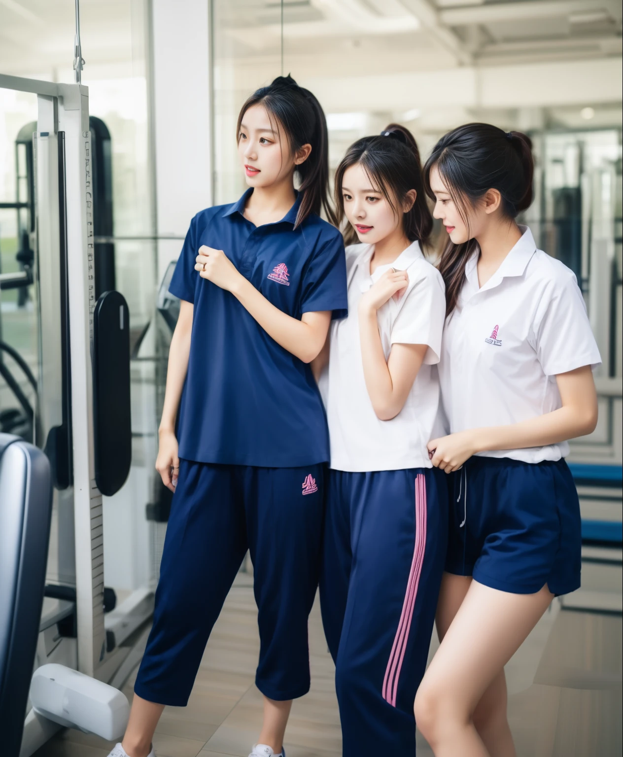 3 girls in fitness center, Blue short sleeve shirt,Sweatpantsขายาวสีกรมท่า,Sweatpants, Sweatpantsขายาว,25 year old girl, lesbian, sexy, exercise clothes, wet body, exercise clothes
