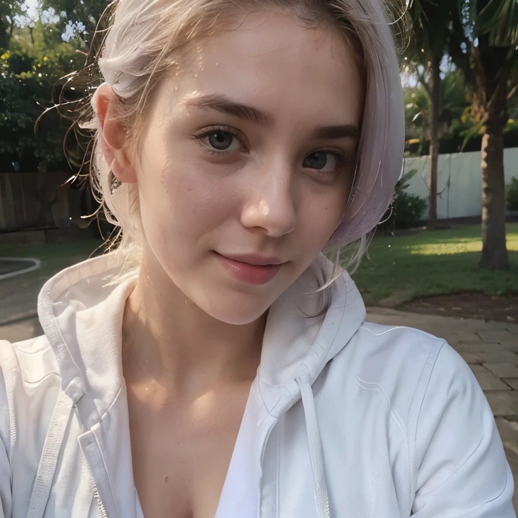 instagram photo, closeup face photo of 23 y.o Chloe in white jacket, cleavage, pale skin, (smile:0.4), hard shadows, cycling outfit, after shower with wet hair, colored hair