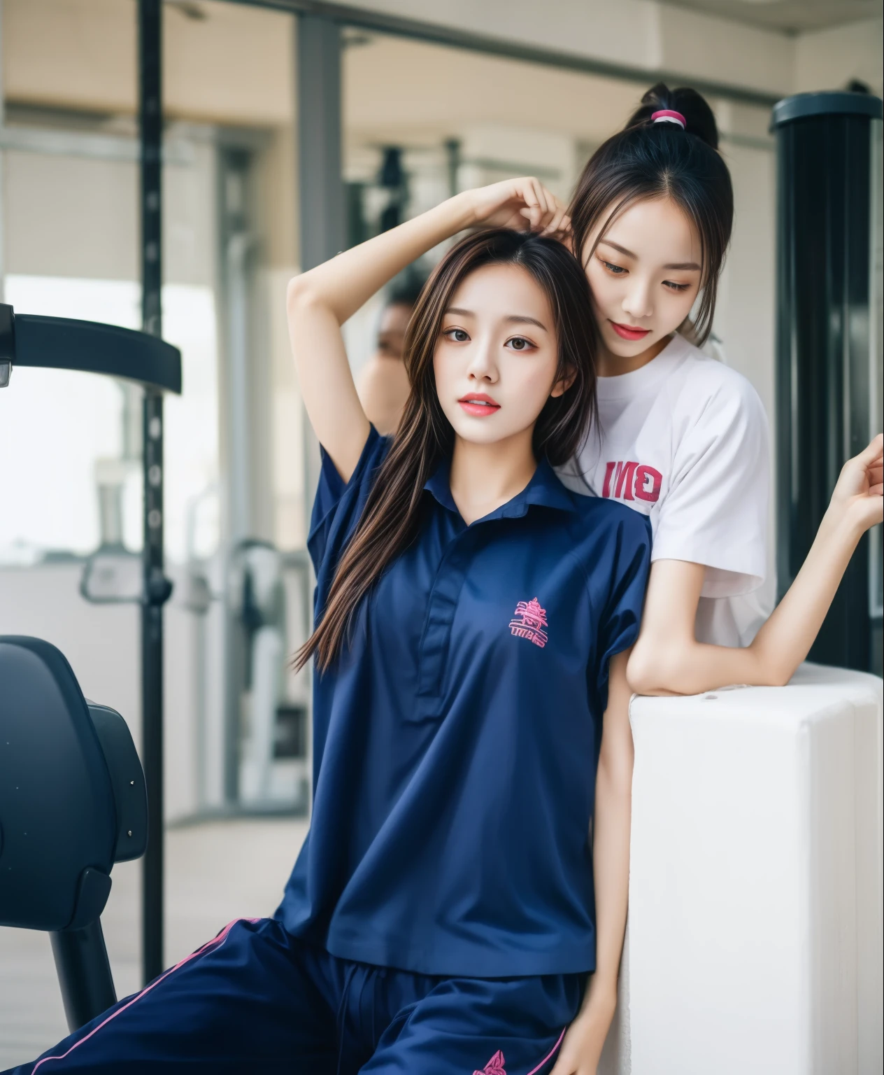 3 girls in fitness center, Blue short sleeve shirt,Sweatpantsขายาวสีกรมท่า,Sweatpants, Sweatpantsขายาว,25 year old girl, lesbian, sexy, exercise clothes, wet body, exercise clothes