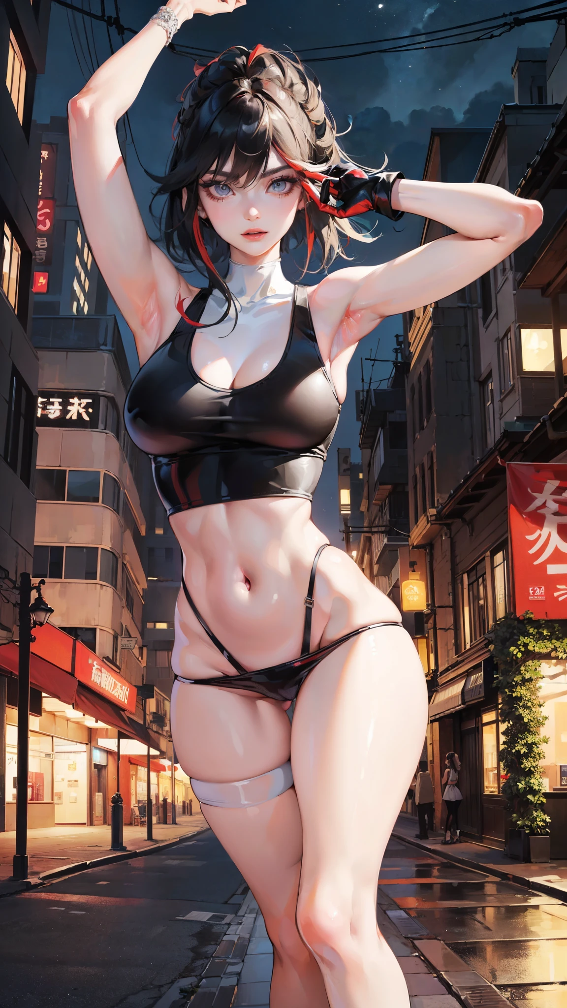 Matoi Ryuuko (Kill la kill), Fleshy thighs, Instagram pose，Dynamic angle, Show armpits, ((Latex tank top)), C cup, Happy expression, (Entire body image:1.5), (8K, Best quality, A high resolution:1.35), (RAW photo:1.2), (Photorealistic:1.37), (Masterpiece: 1.25), Dramatic lighting, Photon maping, Symmetry, Complexity, Elegance, (1 girl), Large breast, Long eyelashes, Detailed eyelashes, Eye shadows, Glowing eyes, ((Natural makeup, Clear facial features)), ((Curvy build, Showing stomach)), ((Fine detailed beautiful eyes: 1.2)), Bad girl, Erotic, ((Cityscape, Night))