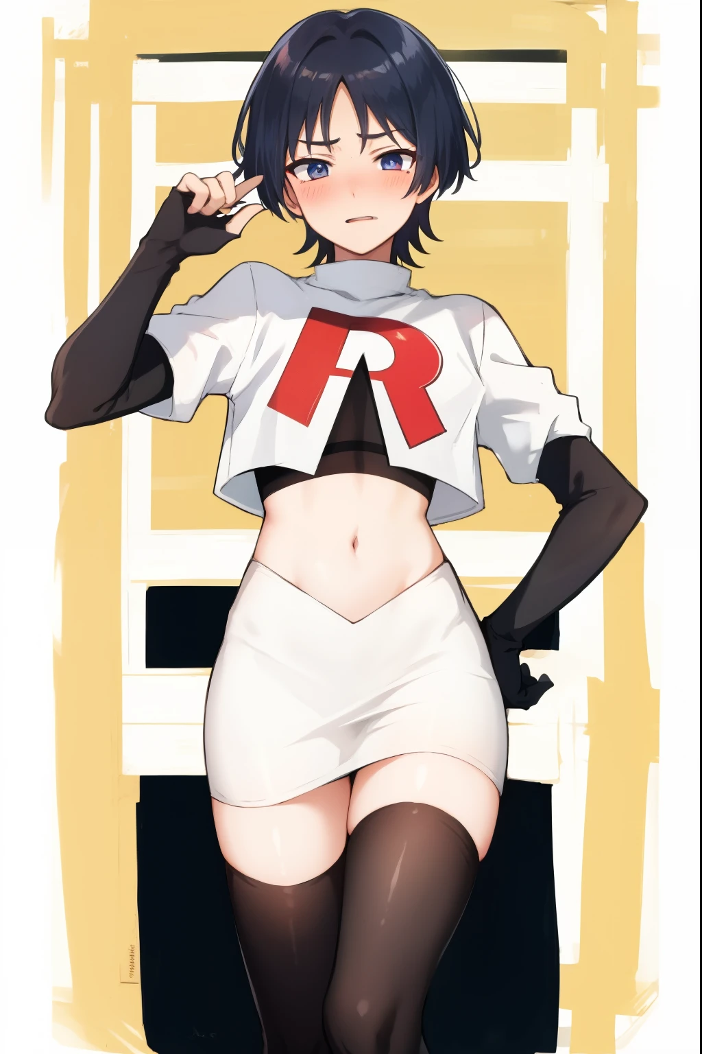 absurdres,masterpiece, trap, best quality, highres, high quality, 1boy, solo, male focus, hair, crossdressing,1boy,team rocket,team rocket uniform,white skirt,red letter R,crop top,black thigh-highs,black elbow gloves, embarrassed, blush