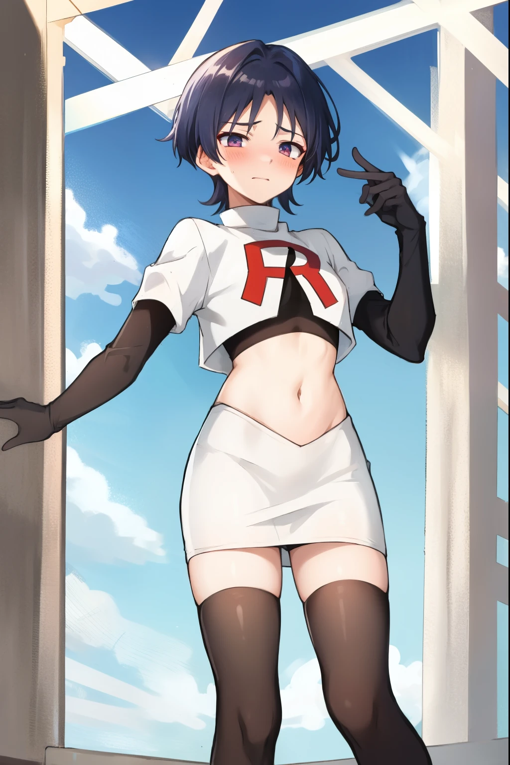 absurdres,masterpiece, trap, best quality, highres, high quality, 1boy, solo, male focus, hair, crossdressing,1boy,team rocket,team rocket uniform,white skirt,red letter R,crop top,black thigh-highs,black elbow gloves, embarrassed, blush