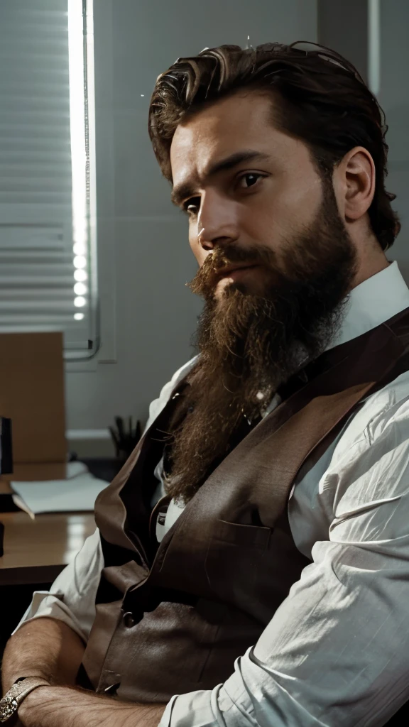 Advogado barbu, Homem com barba grande, foto hiperrealismo, Clément Vallandigham looking for a lawyer he the camera, grande plano, office background. 